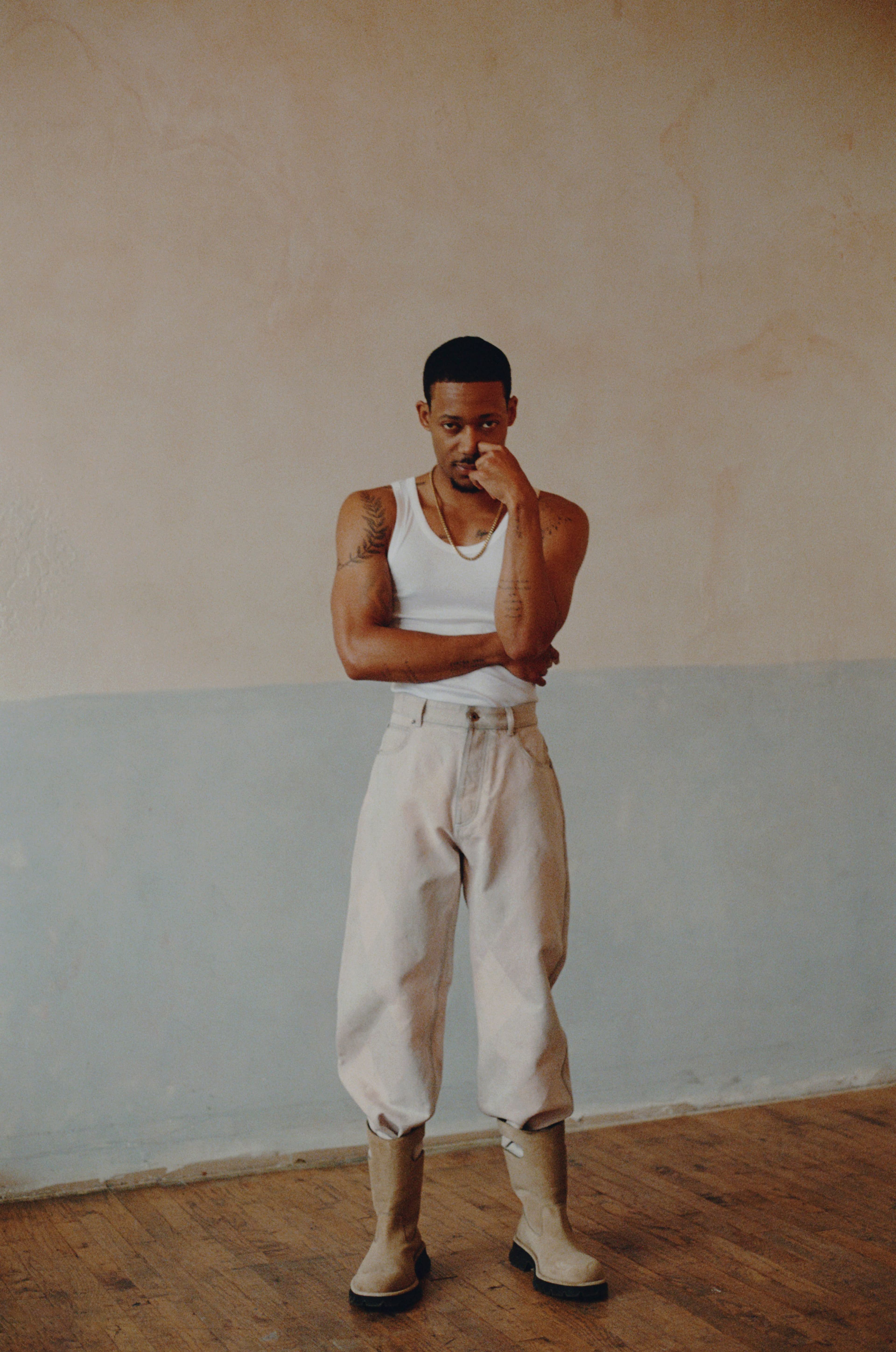 TOP by Hanro. PANTS and SHOES by Loewe. NECKLACE, worn throughout, talent’s own.