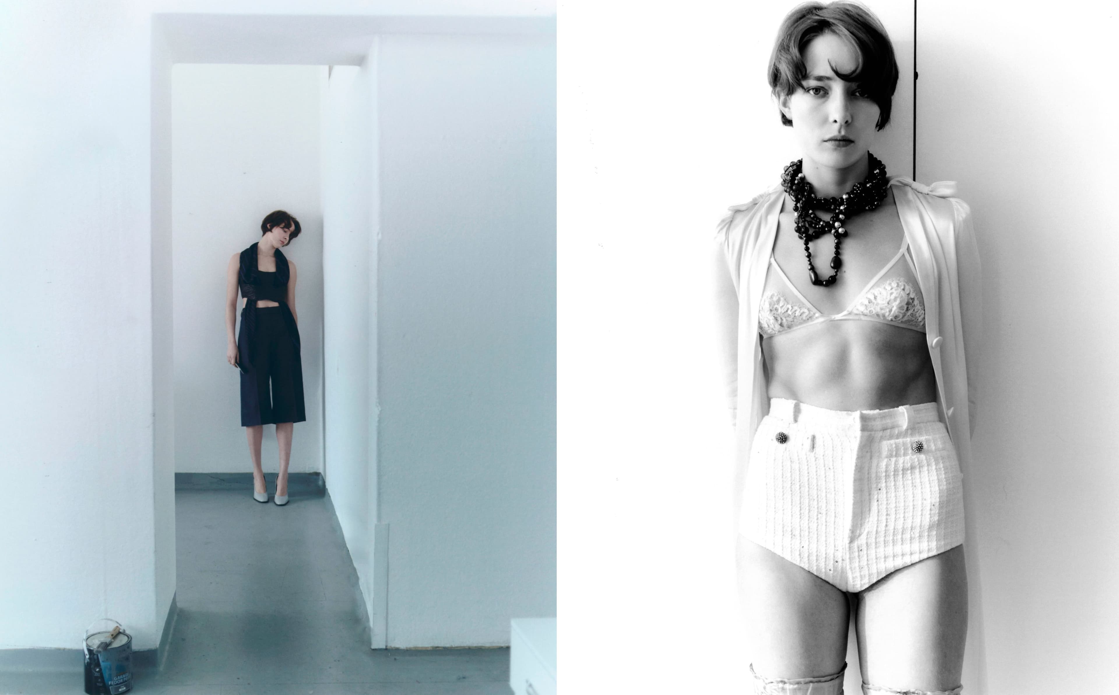 LEFT: All CLOTHING by Hermès; SHOES by Jude. RIGHT: All CLOTHING by Alessandra Rich; BOOTS by Proenza Schouler; NECKLACE by Izabo.