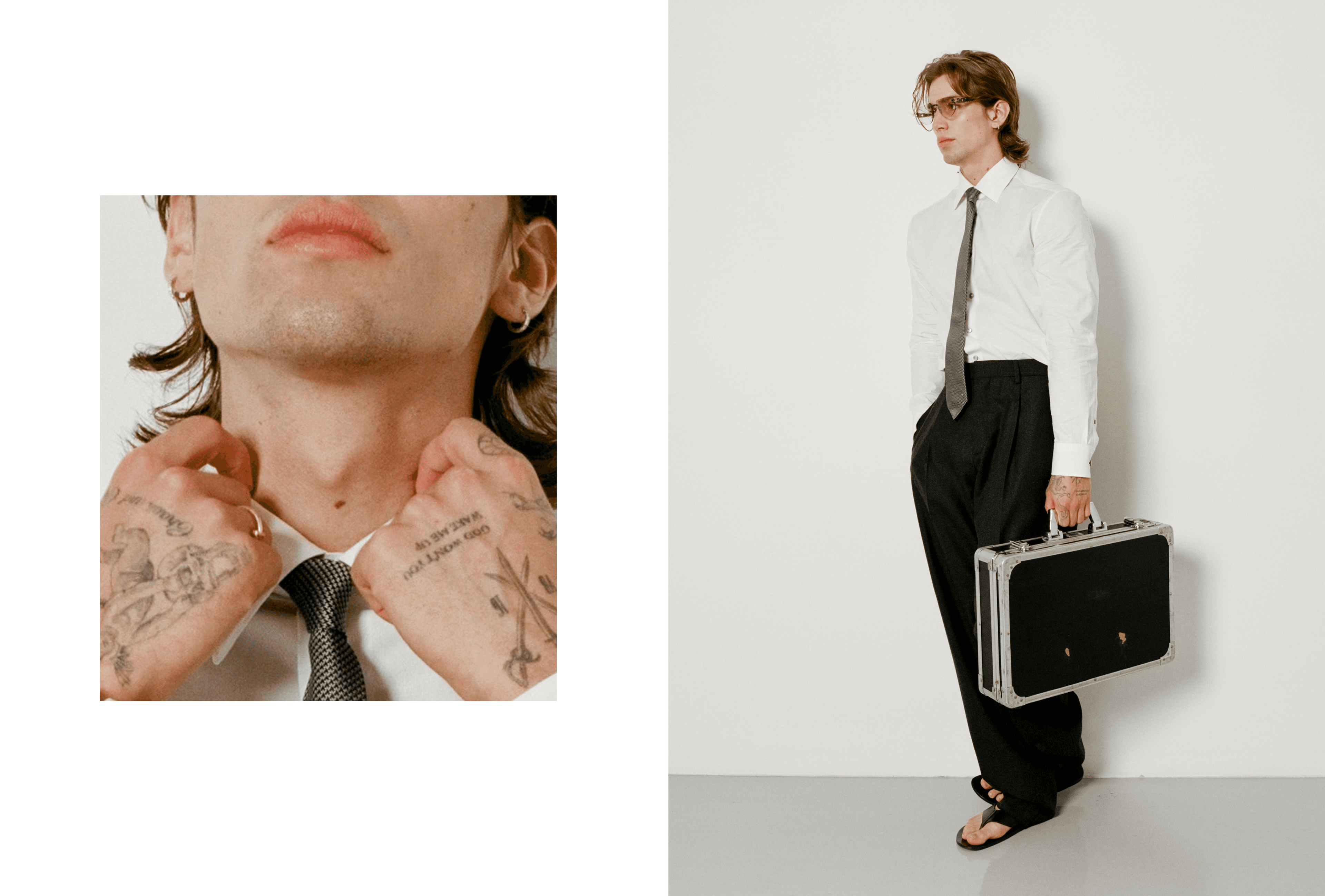 All CLOTHING and TIE by ,Louis Vuitton. ,GLASSES by ,Dita. ,SHOES by ,Prada.