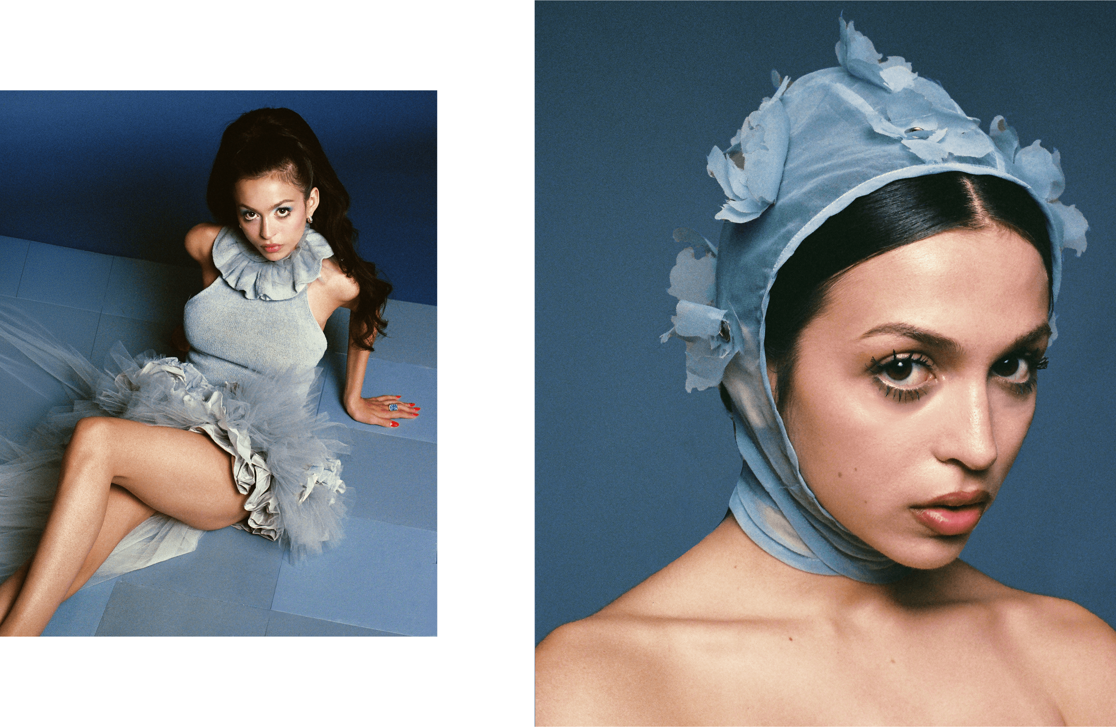 LEFT: DRESS by ,Jalyn Young., EARRINGS by ,L.JARDIM., RING by ,Nickho Rey., RIGHT: HEADPIECE by ,Florentina Leitner.