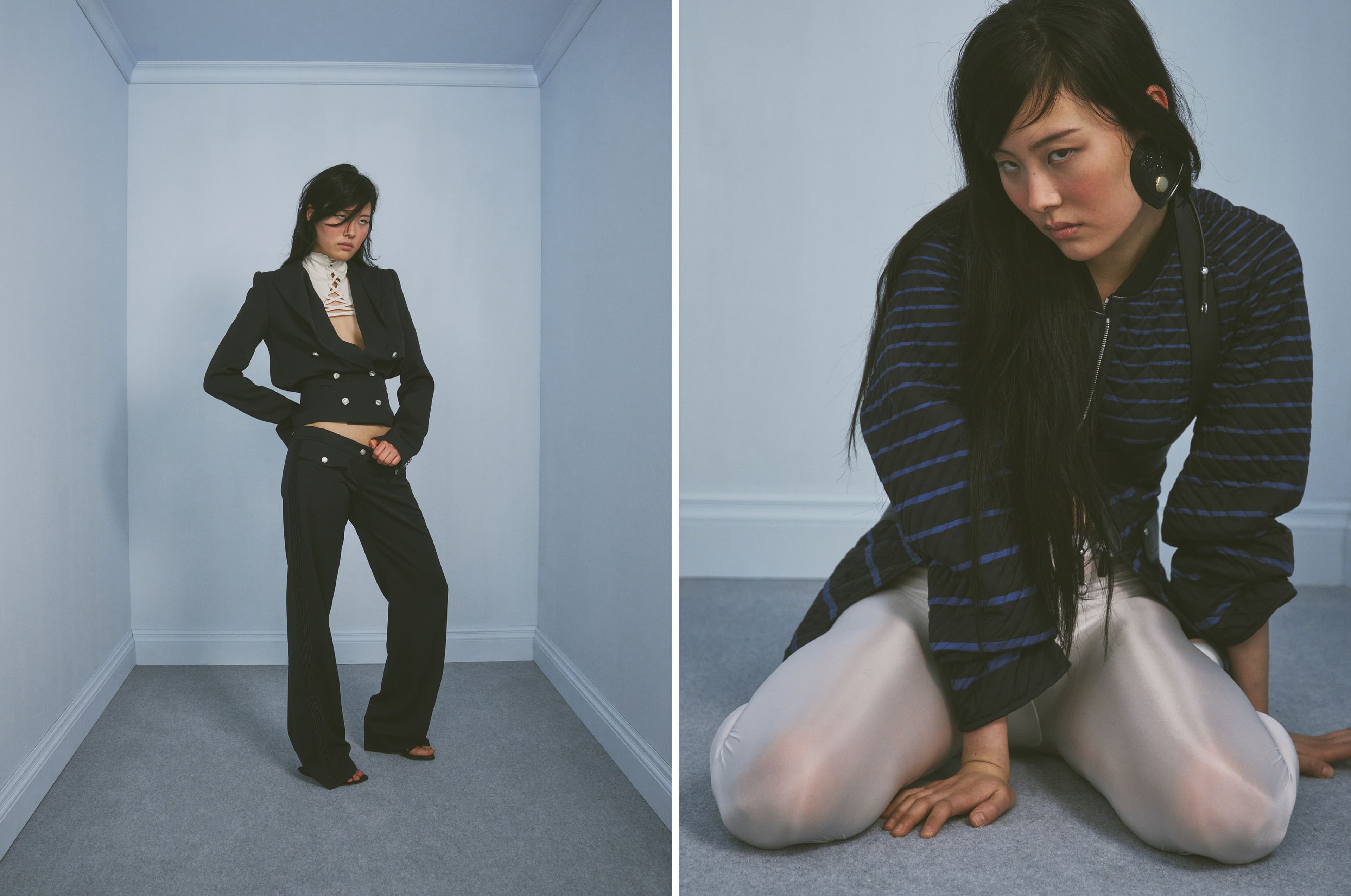 LEFT: All CLOTHING by McQueen. RIGHT: JACKET and HARNESS by Hermès; LEGGINGS and EARRINGS, stylist’s own.