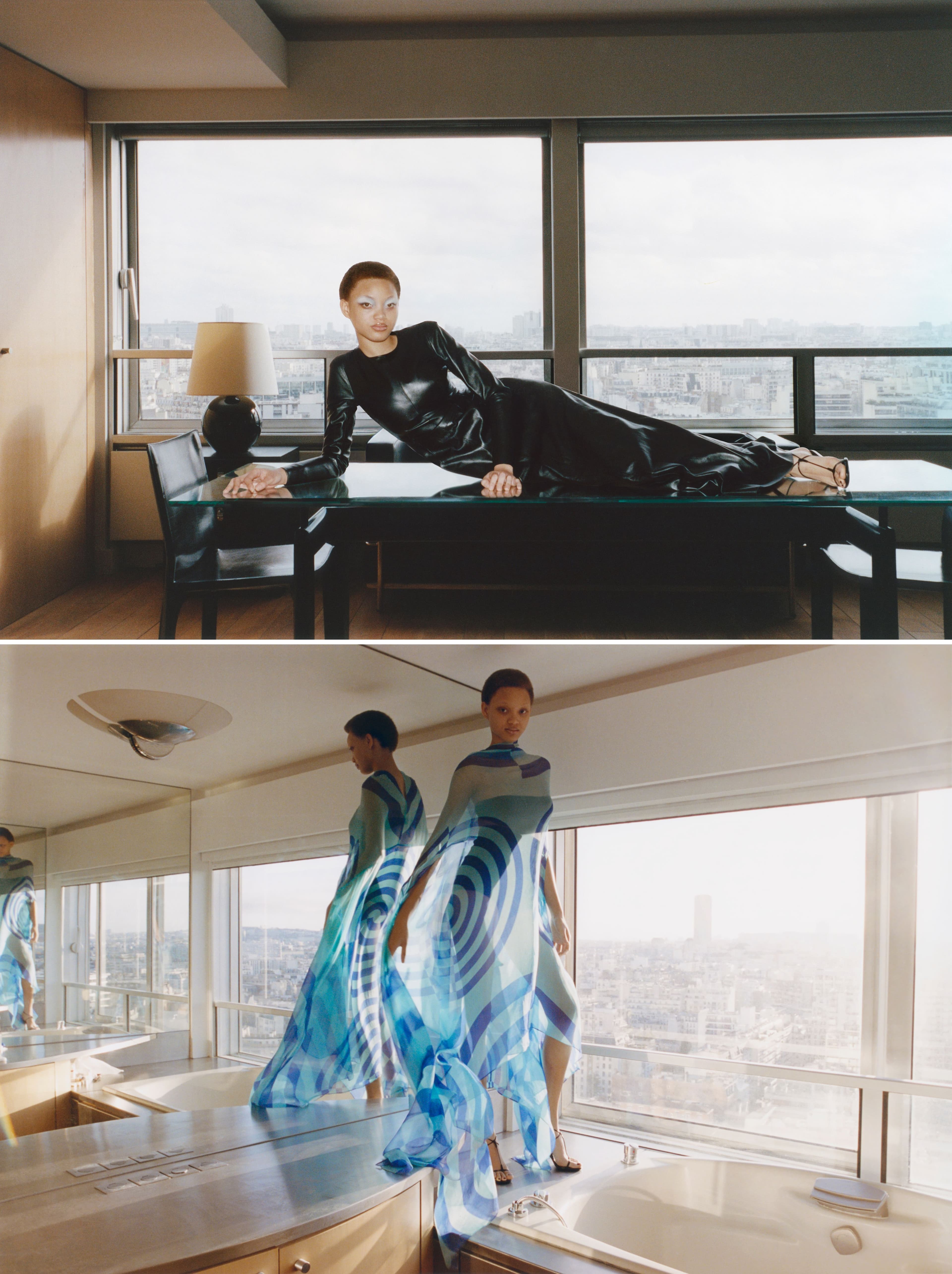 TOP: DRESS by Maison Margiela; SHOES by Jude. BOTTOM: TOP by Dries Van Noten; BODYSUIT, stylist’s own; SHOES by Jude.