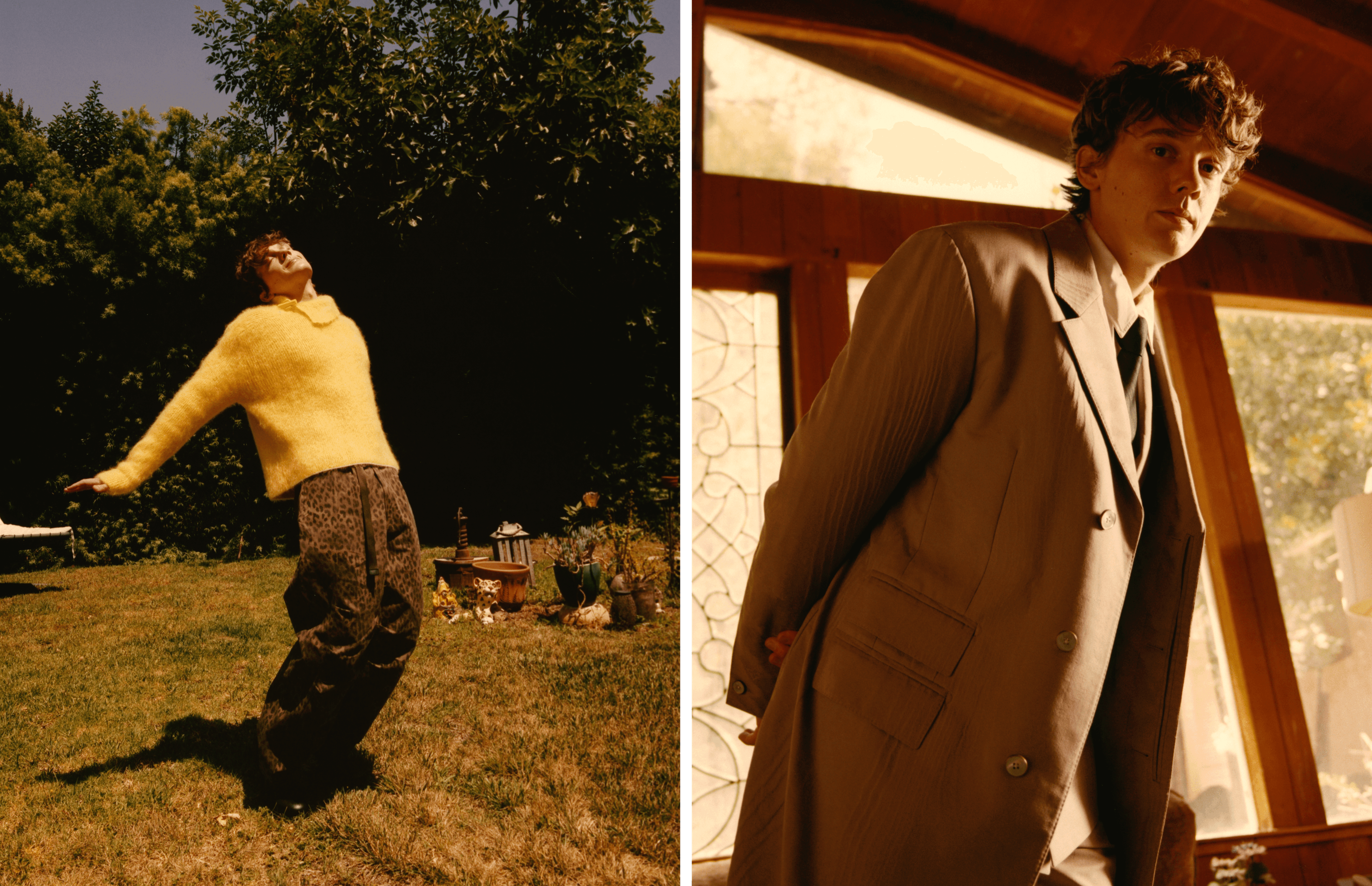 LEFT: SWEATER by ,Jacquemus,. PANTS by ,Andersson Bell,. SHOES by ,Givenchy,. RIGHT: All CLOTHING by ,Louis Vuitton,.