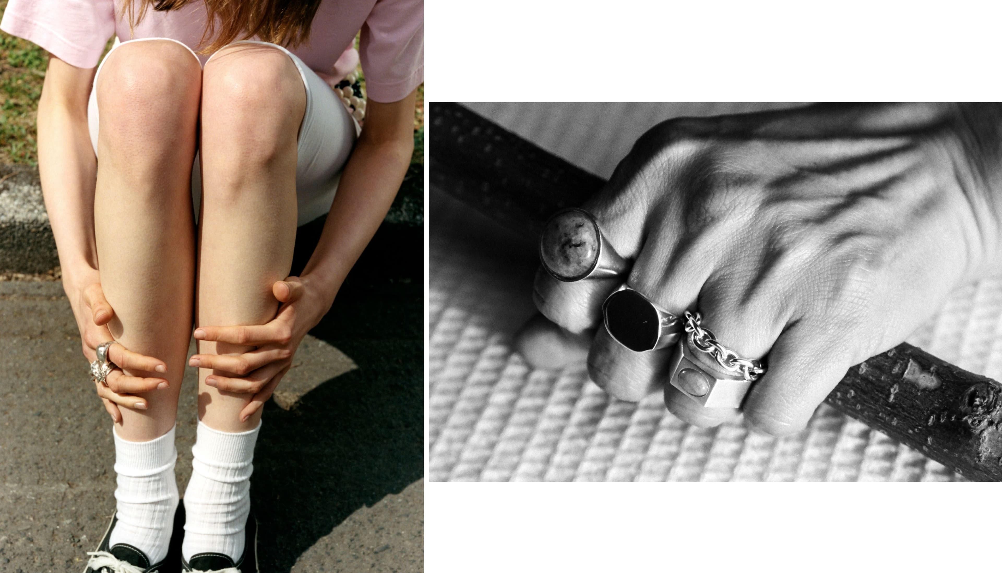 LEFT: SHIRT by Comme des Garçons; vintage LEGGINGS, stylist’s own; BELTS by PRUM; SHOES by Vans; RINGS by Asereje. RIGHT: RINGS, from left, by Asereje, Johanna Gauder, Johanna Gauder, and Asereje.