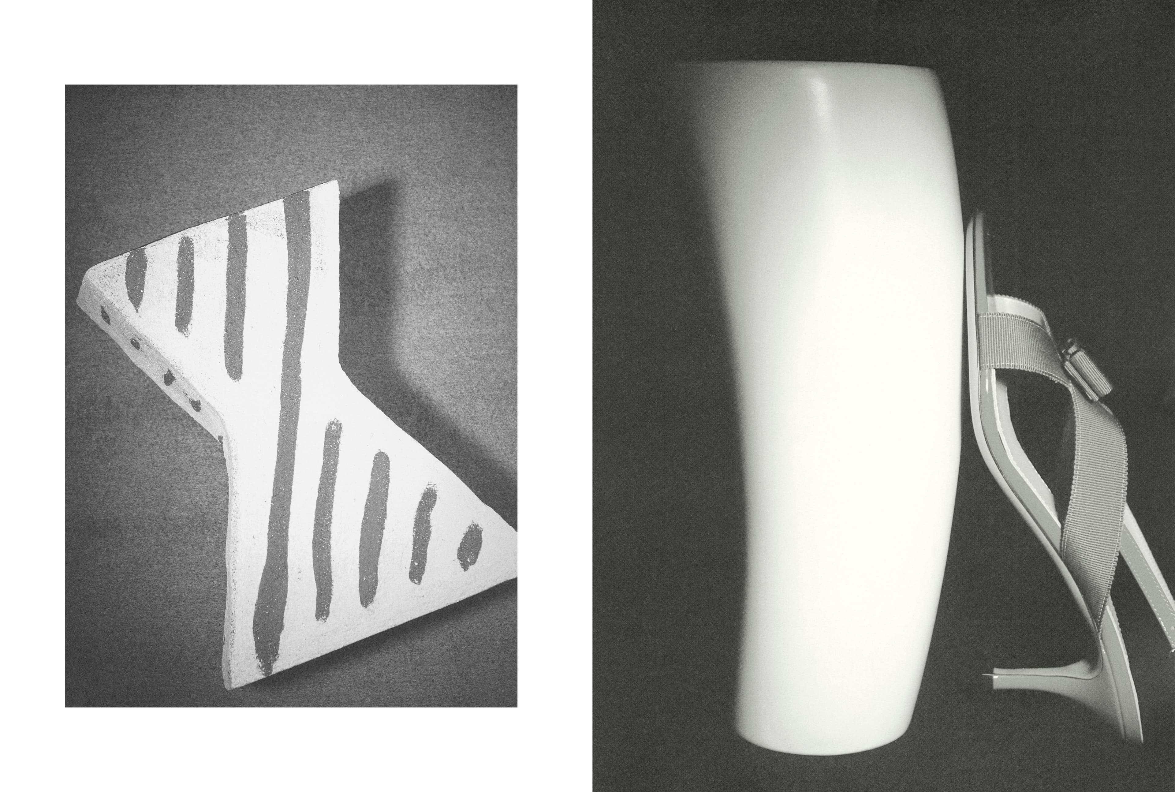 LEFT: SCULPTURE from Appartement Témoin. RIGHT: SHOE by Ferragamo; VASE from Appartement Témoin.