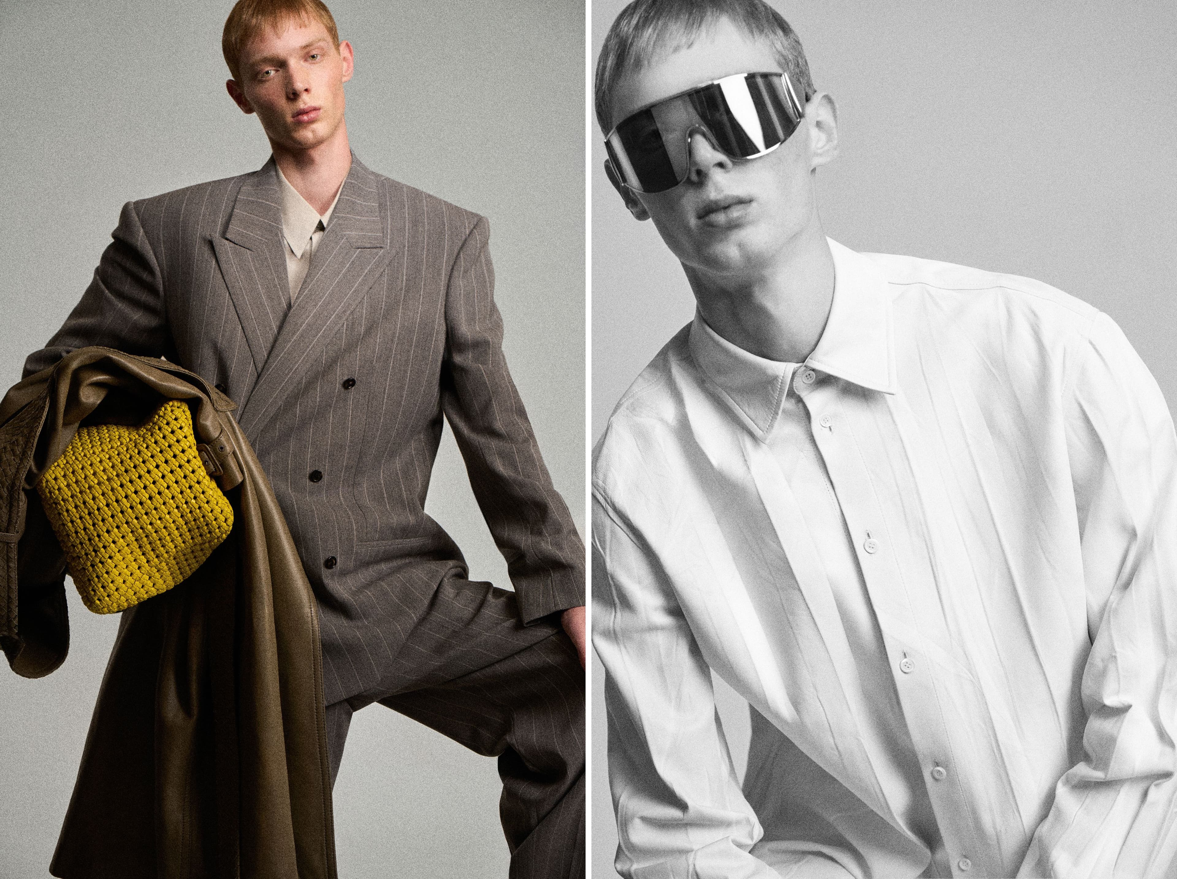 LEFT: All CLOTHING and ACCESSORIES by Bottega Veneta. RIGHT: SHIRT and SUNGLASSES by Loewe.