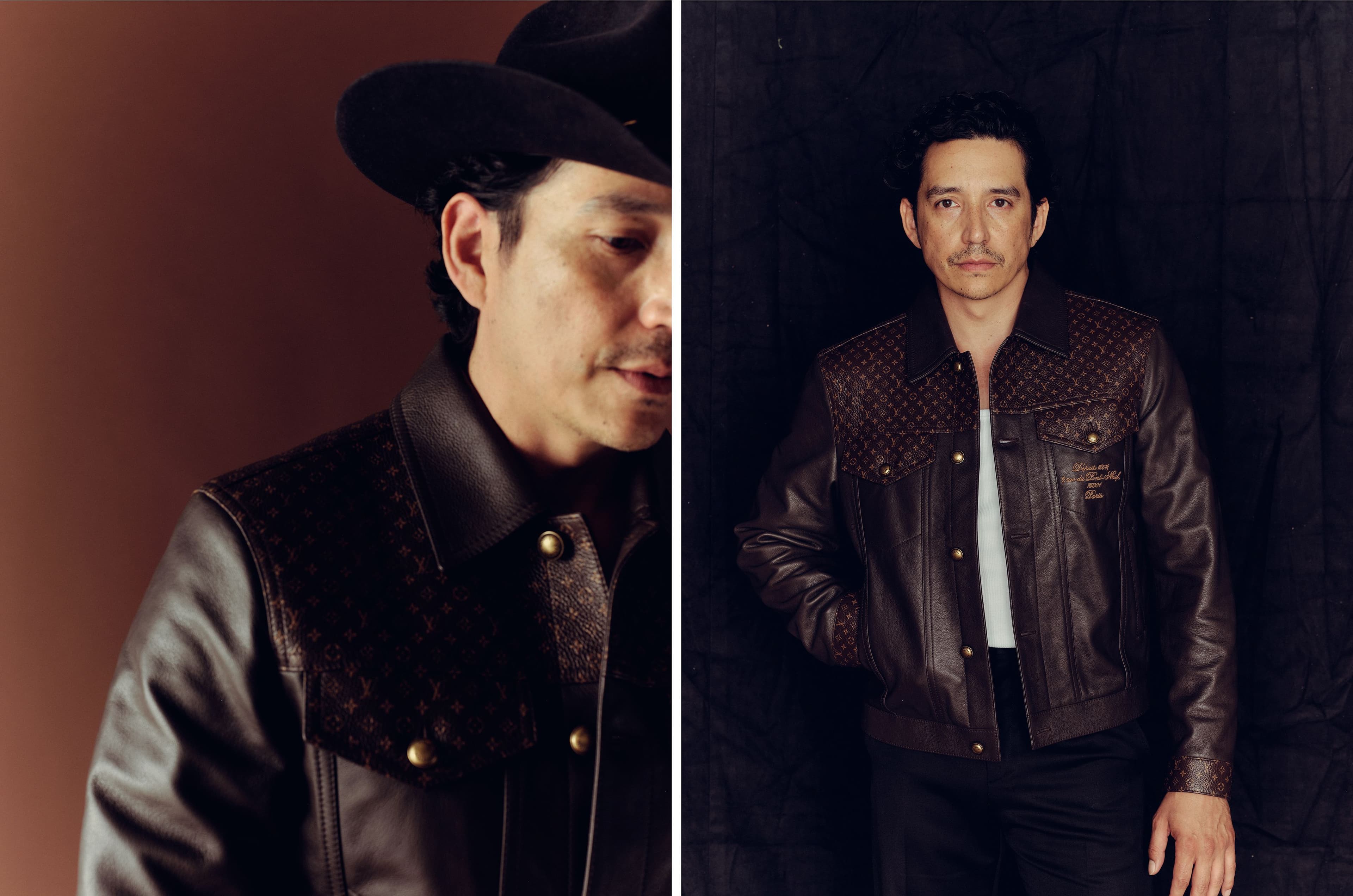 JACKET and PANTS by ,Louis Vuitton. ,TANK TOP, stylist’s own. HAT by ,Nick Fouquet..