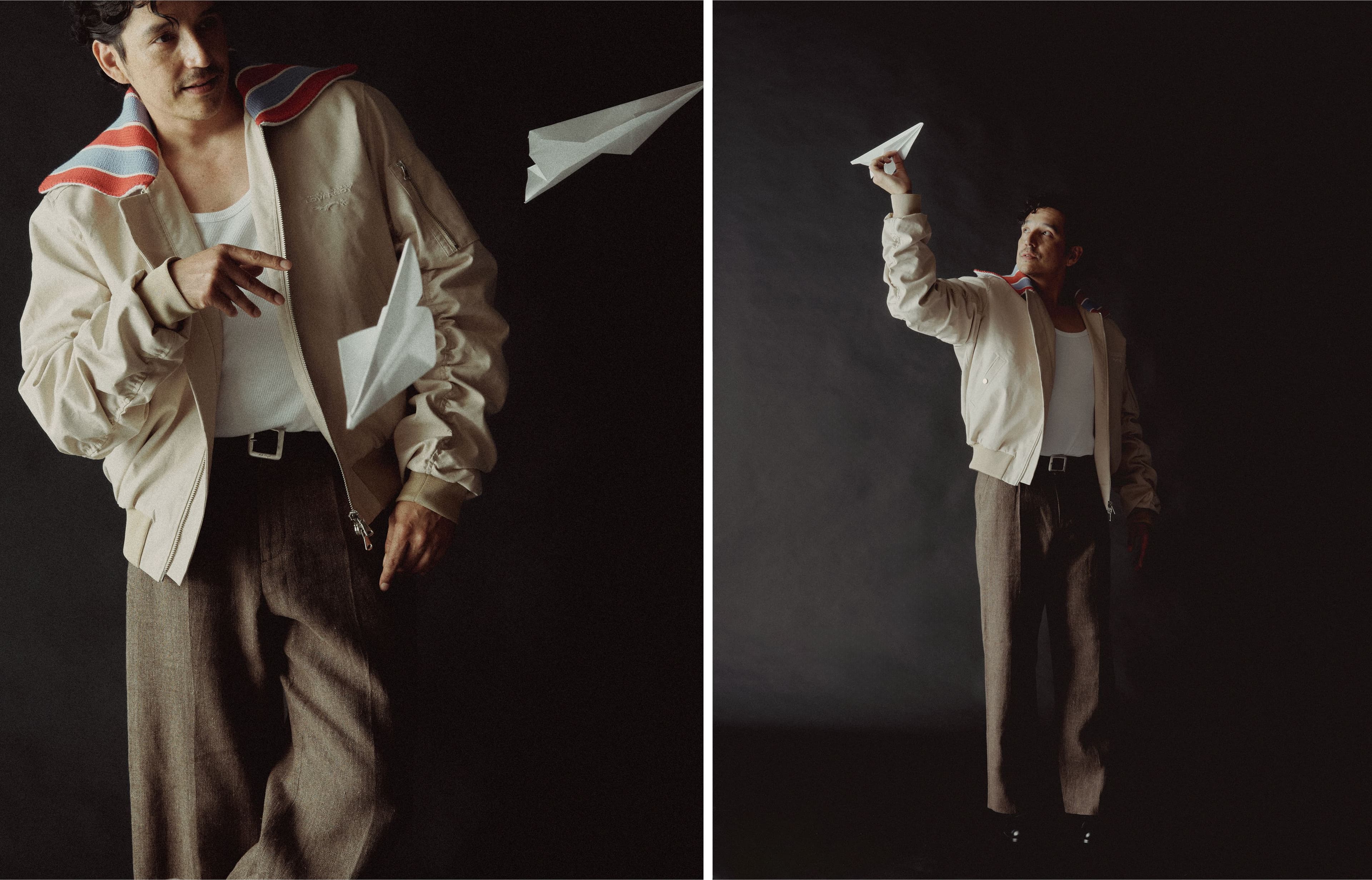 JACKET by ,Charles Jeffrey Loverboy,. TANK TOP, stylist’s own. PANTS by ,Our Legacy,. SHOES by ,Louis Vuitton,. BELT by ,Nick Fouquet,.