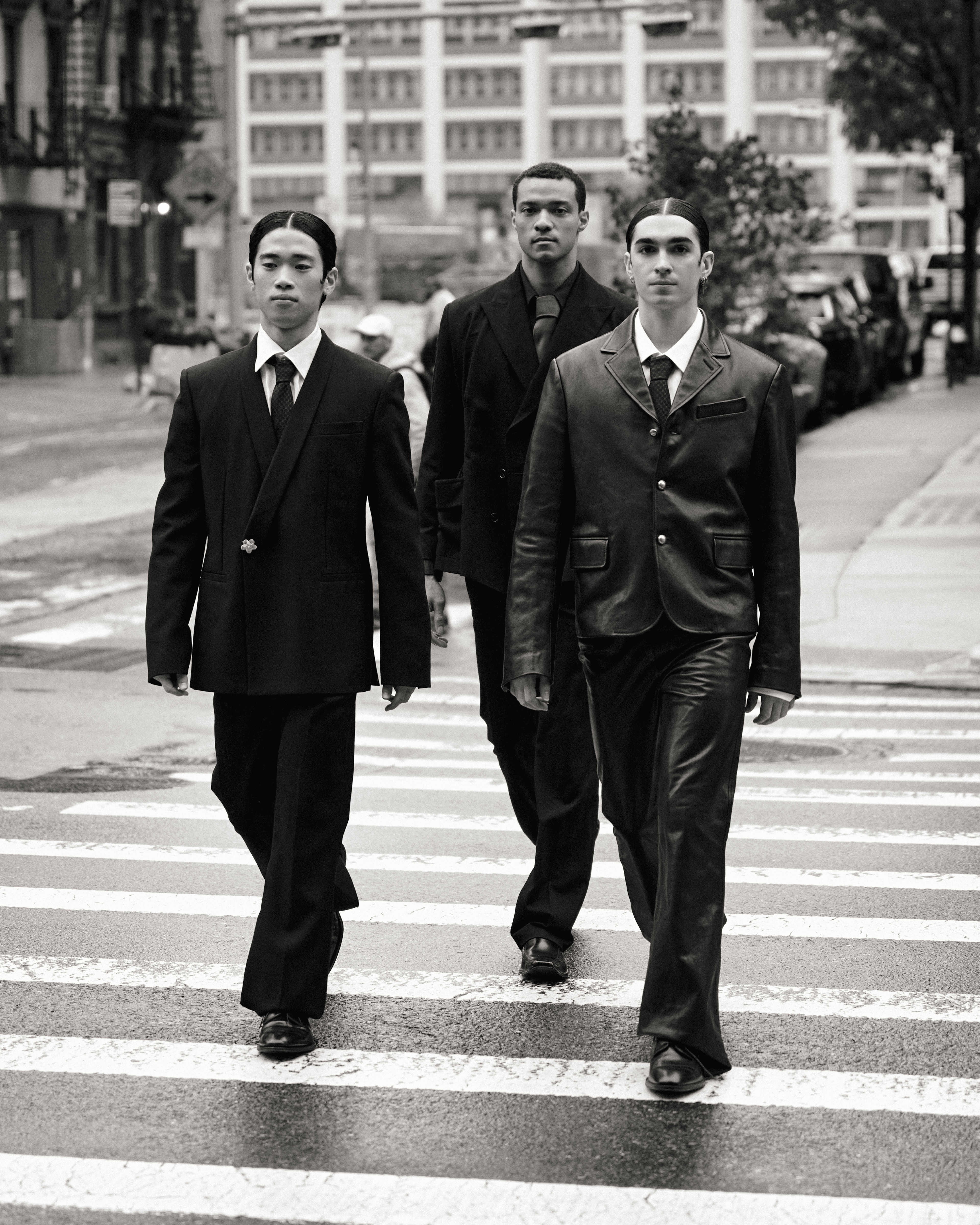 FROM LEFT: Takahashi wears all CLOTHING by Louis Vuitton; SHOES by Emporio Armani. Chamblee wears all CLOTHING by NN.07; SHOES by Emporio Armani. Gabriel wears all CLOTHING by Louis Vuitton; SHOES by Emporio Armani.