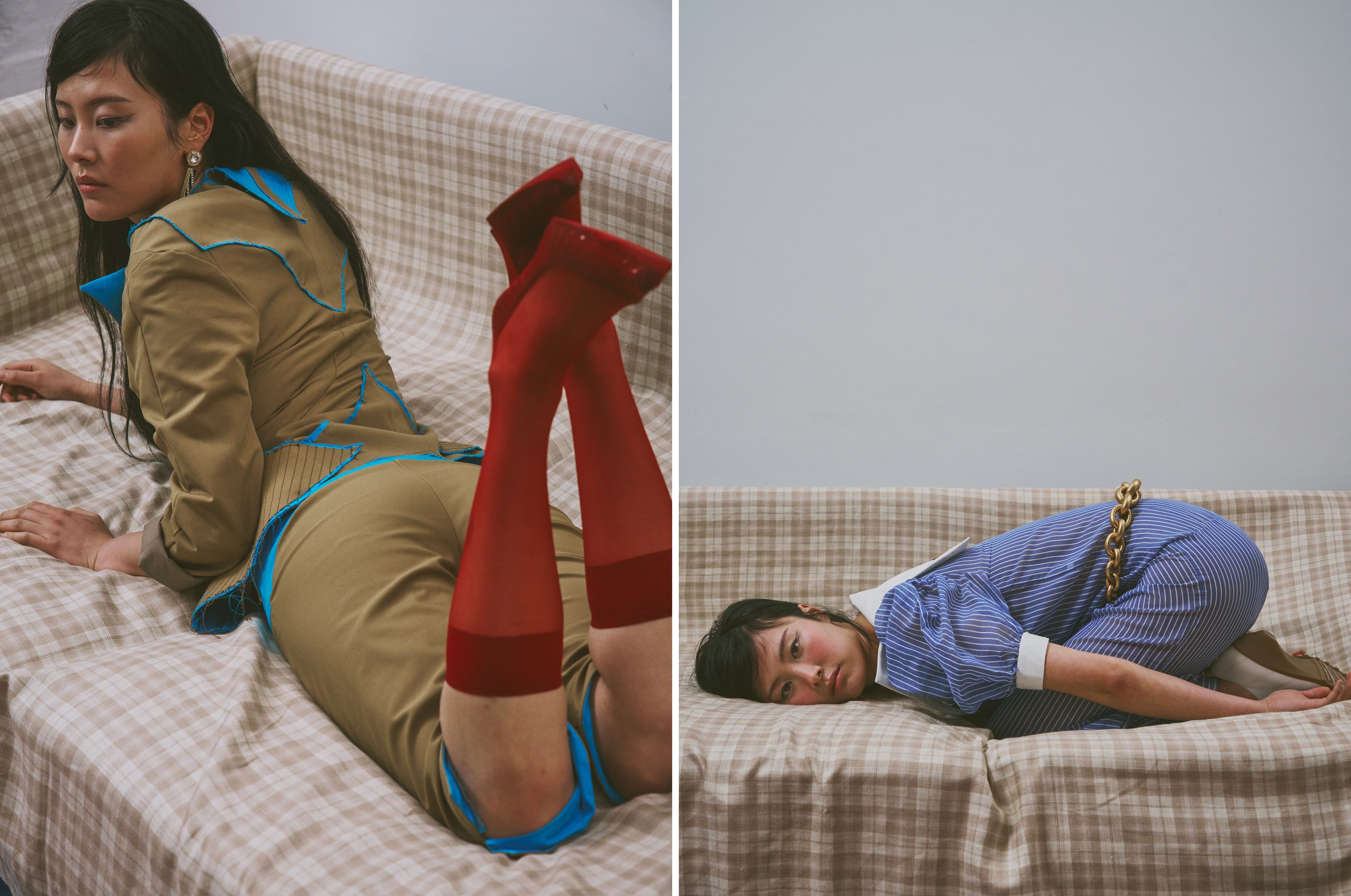 LEFT: All CLOTHING by Sól Hansdóttir; SOCKS, stylist’s own; SHOES by Kiko Kostadinov; EARRINGS by 4Element. RIGHT: JUMPSUIT by Vivetta; SHOES by Camper; NECKLACE, worn as belt, by Monies.