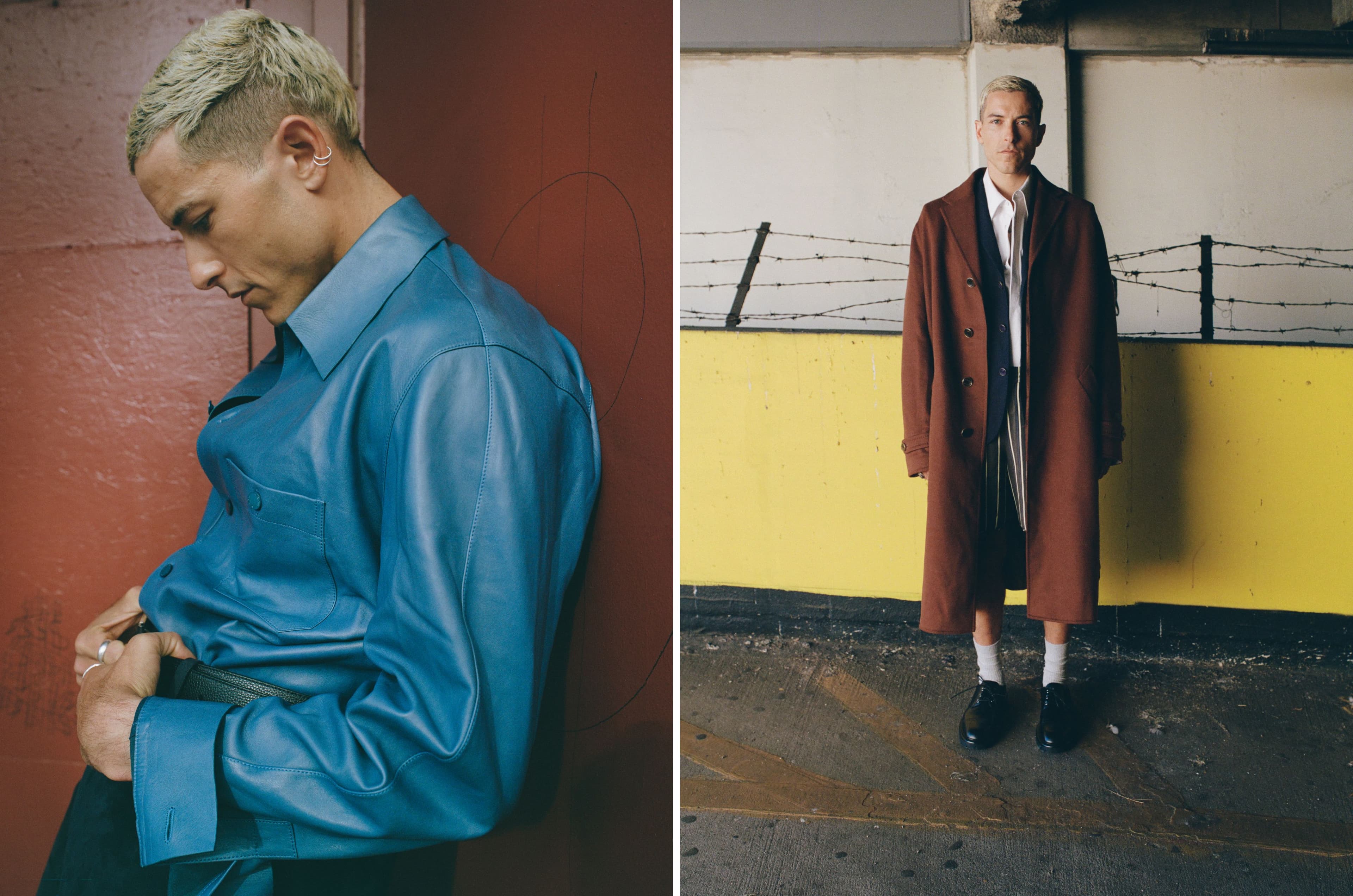 LEFT: All CLOTHING and BELT by Givenchy by Sarah Burton. RIGHT: All CLOTHING by Louis Vuitton; SOCKS, stylist’s own; SHOES by Hermès.