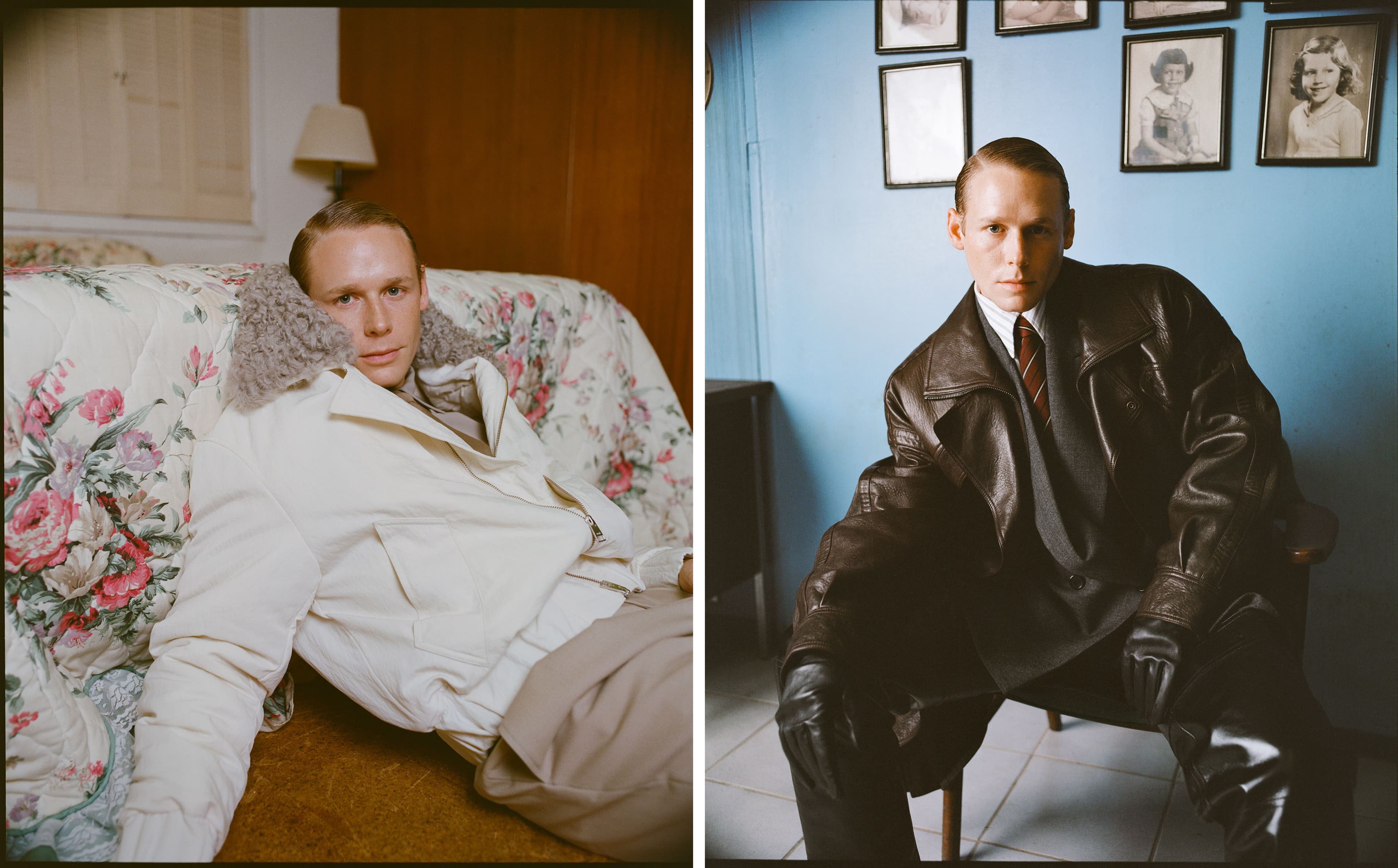 LEFT: JACKET, PANTS, and TIE by AMI Paris; SHIRT by Hermès. RIGHT: All CLOTHING and ACCESSORIES by Saint Laurent by Anthony Vaccarello.
