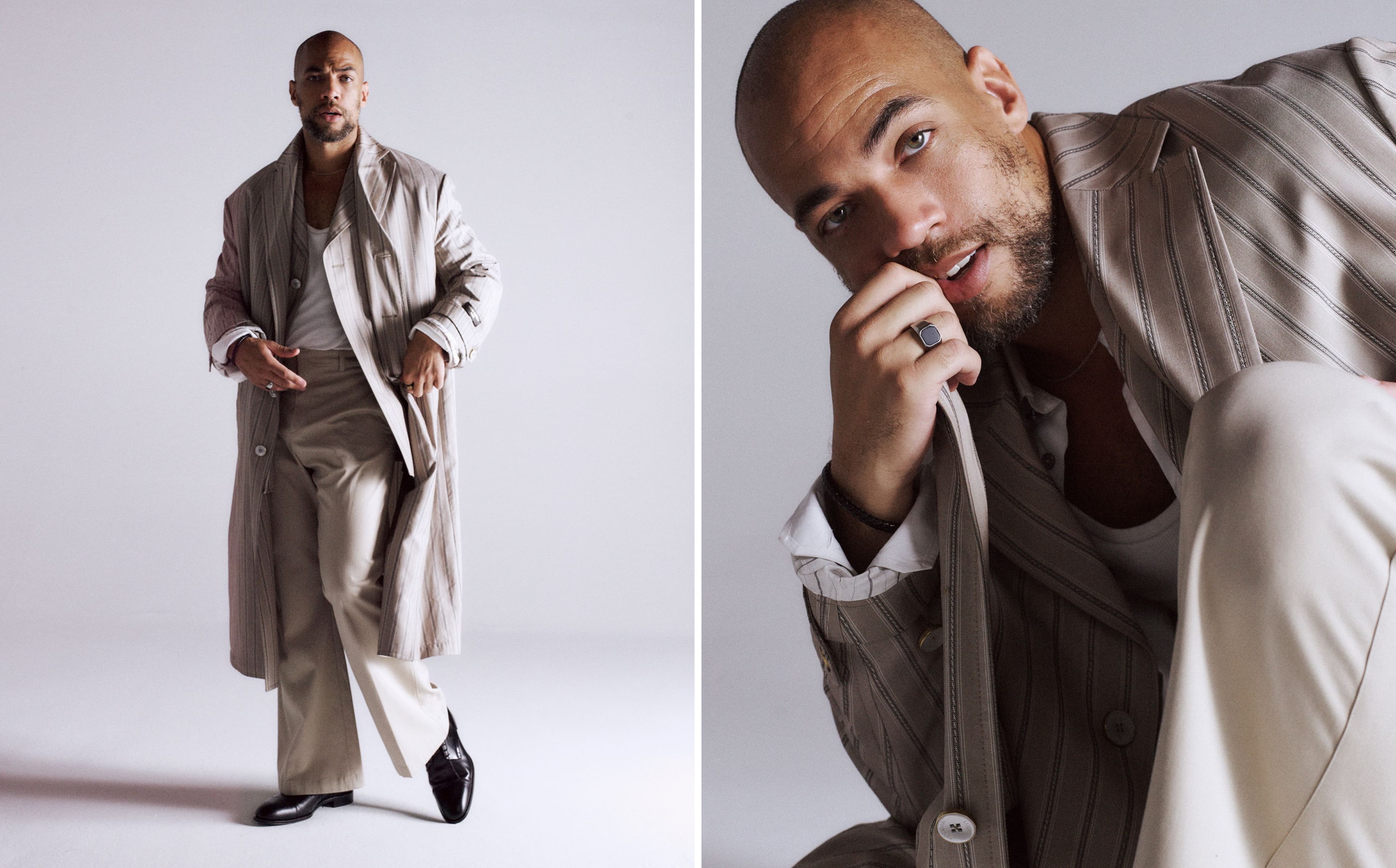 COAT, JACKET, SHIRT, PANTS, and SHOES by Louis Vuitton; vintage TOP by Hanes
