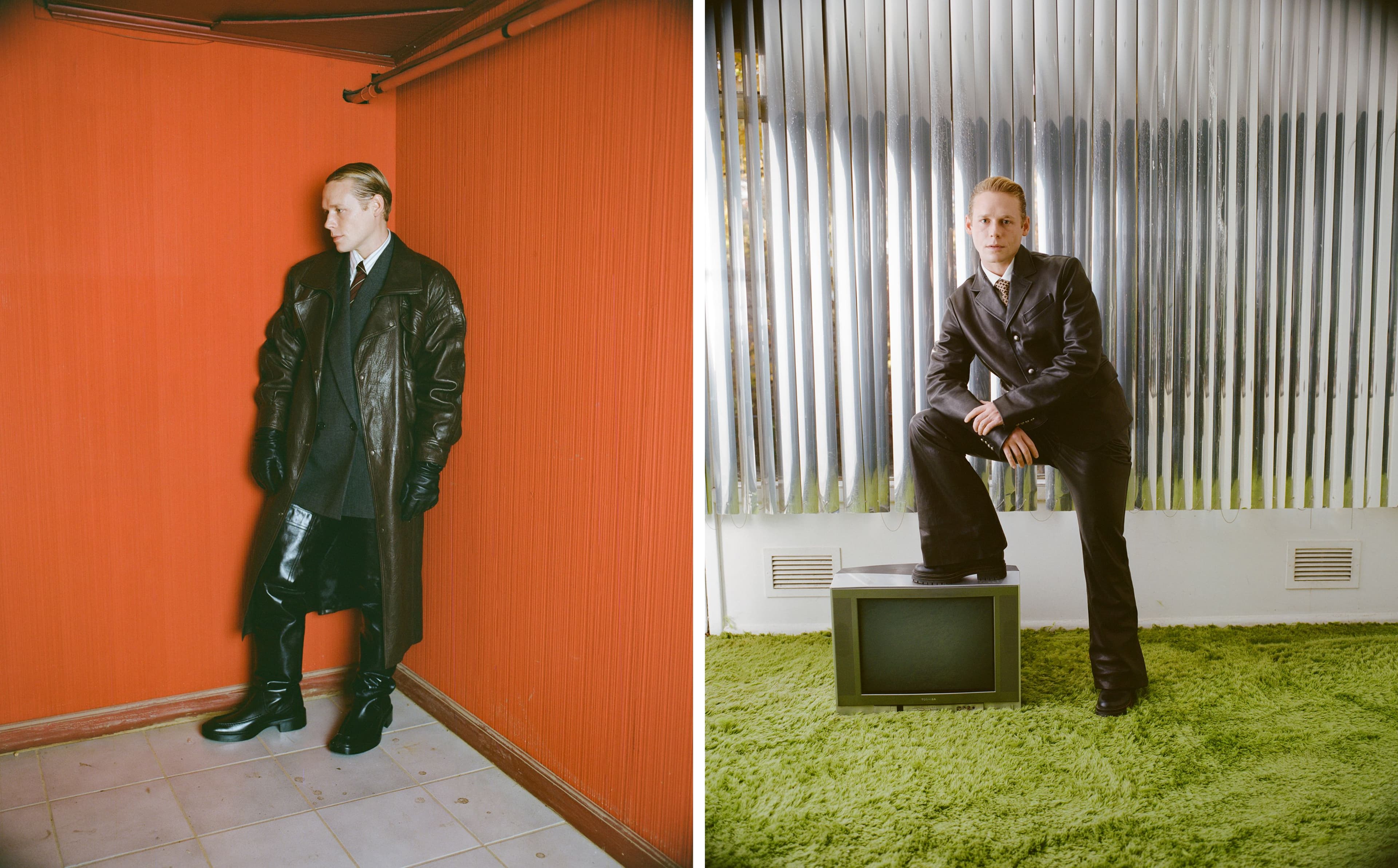 LEFT: All CLOTHING and ACCESSORIES by Saint Laurent by Anthony Vaccarello. RIGHT: All CLOTHING and TIE by Louis Vuitton; BOOTS by Gianvito Rossi.