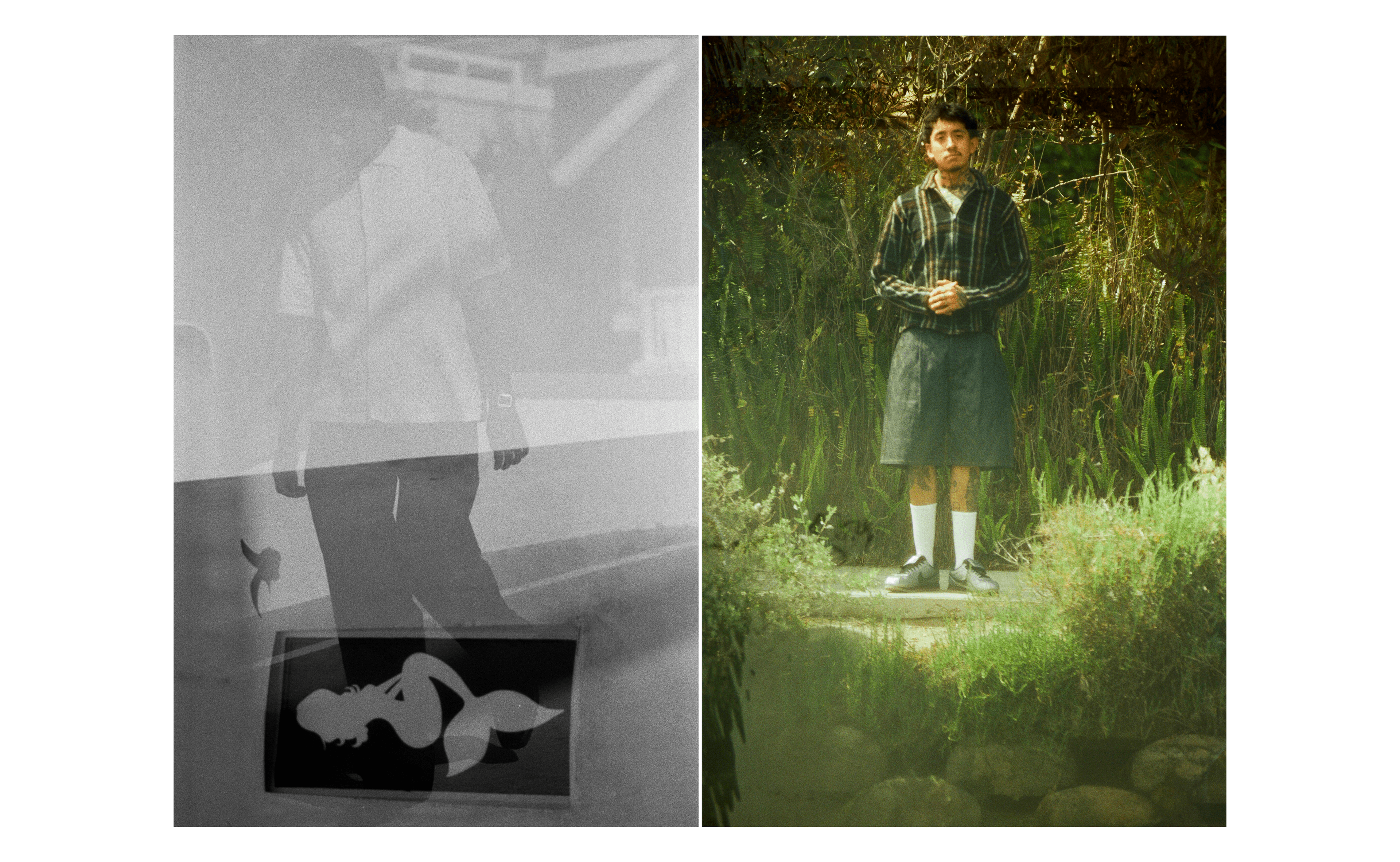 LEFT: TOP by ,Levi’s., PANTS by ,Second Layer. ,SHOES, Cuco’s own. RIGHT: ,SHIRT by ,Comme des Garçons., SHORTS by ,Goodfight. ,SHOES by ,Nike..