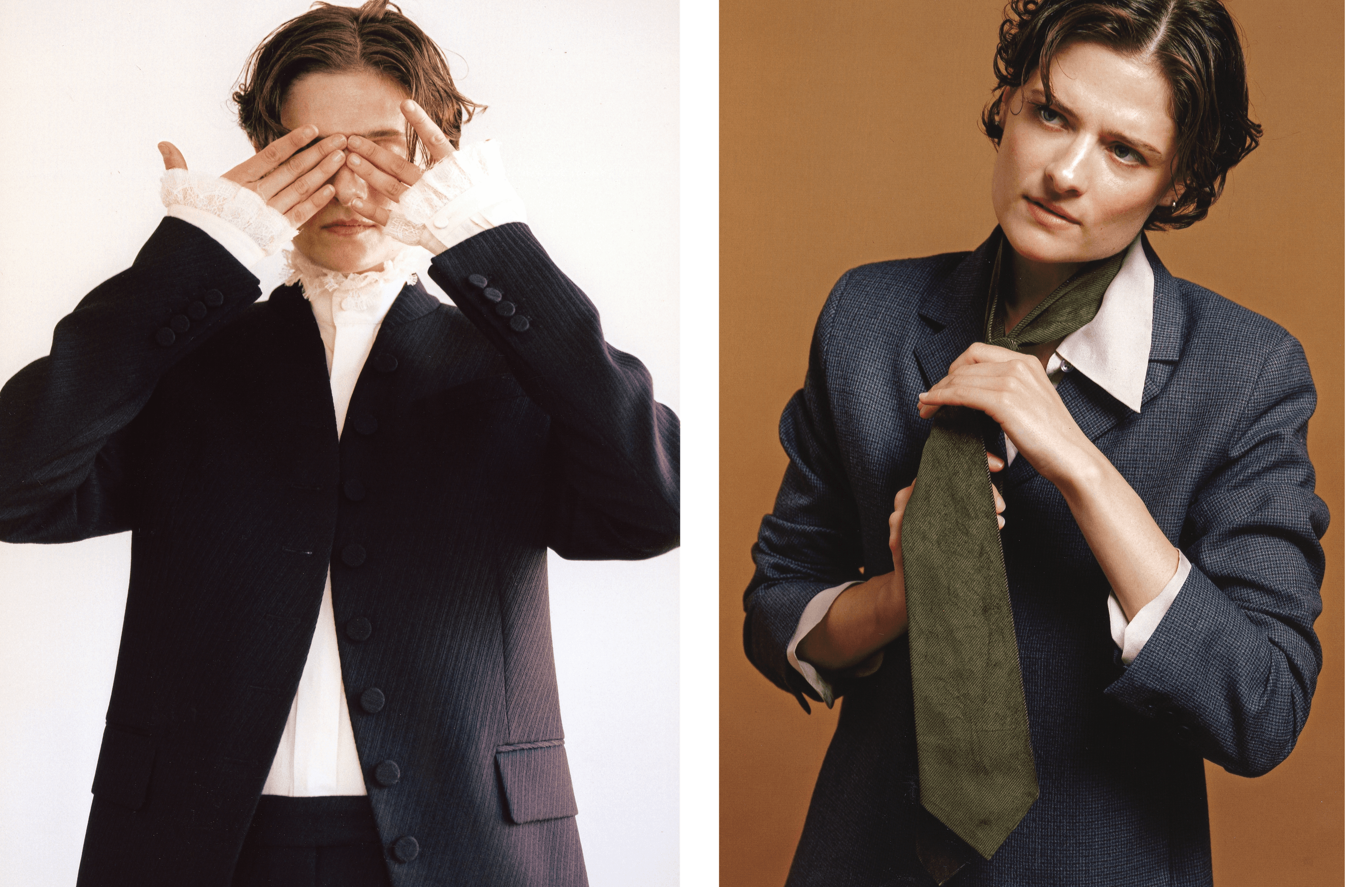 LEFT: All CLOTHING by, McQueen. ,RIGHT: All CLOTHING and TIE by ,Kallmeyer.