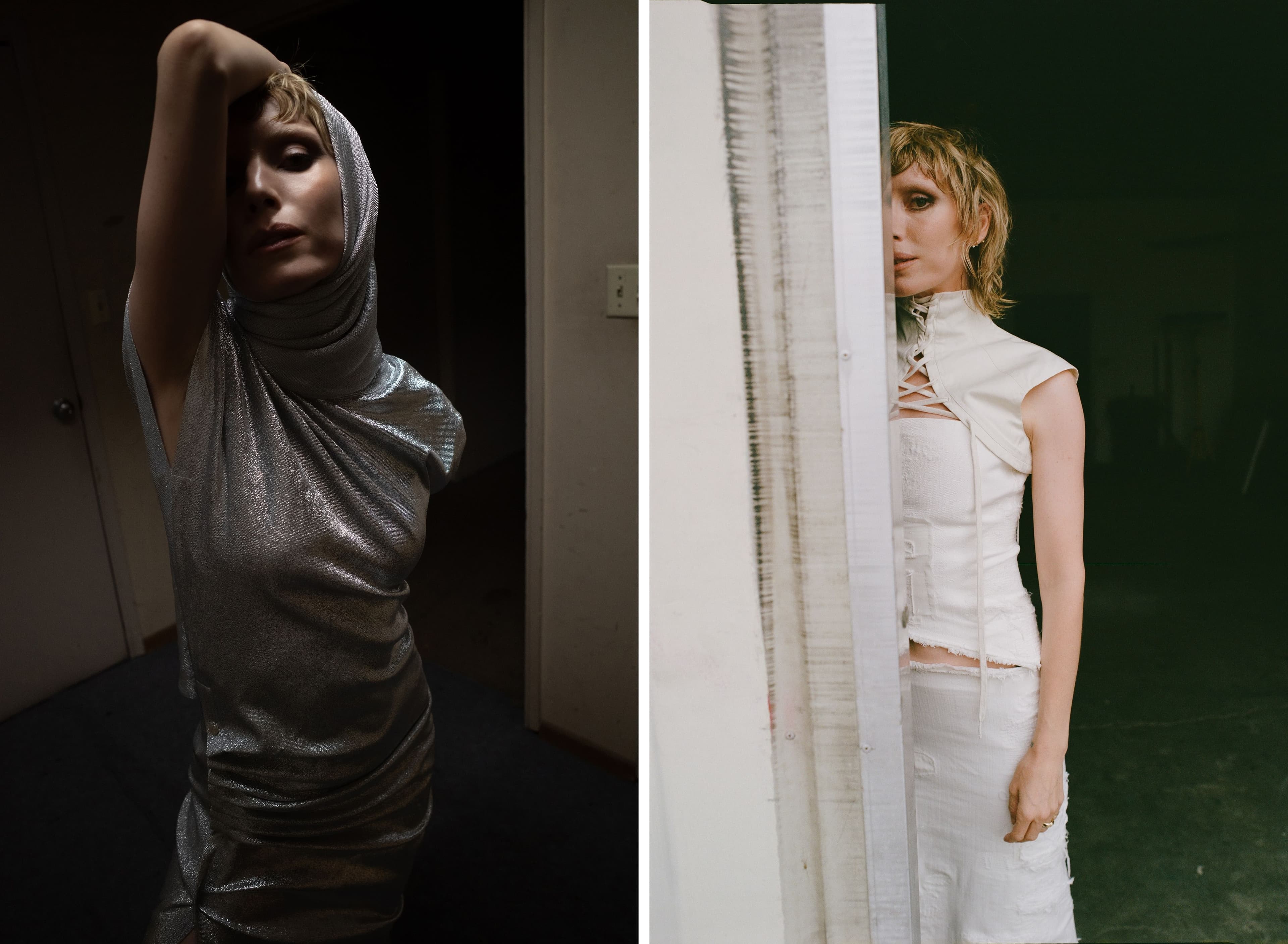 LEFT: DRESS by Rabanne; SCARF, stylist’s own. RIGHT: All CLOTHING by McQueen.