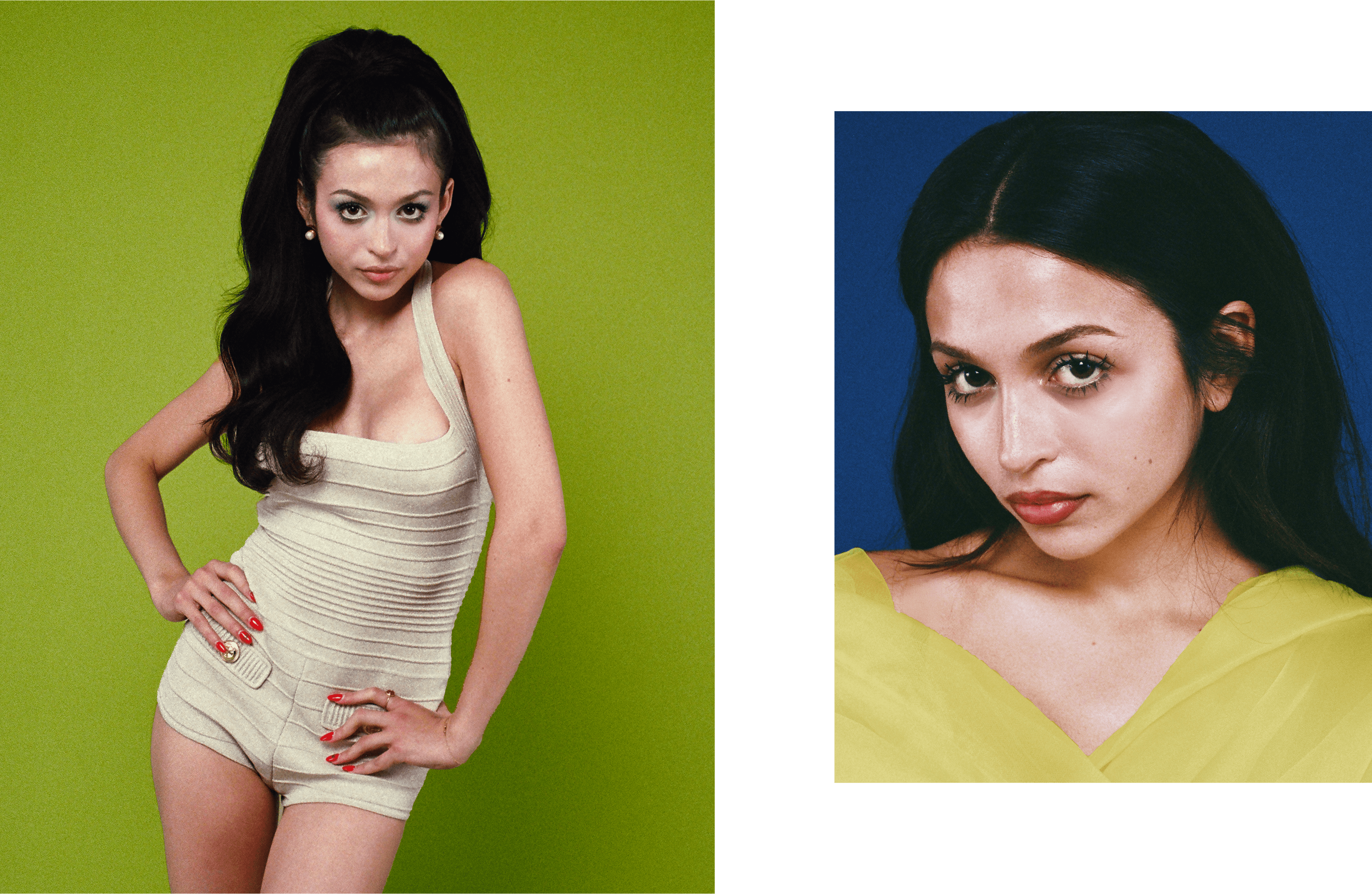 LEFT: ROMPER by ,Retrofête., EARRINGS by ,Ming Yu Wang., BRACELET by ,Alison Lou., RING by ,Alessandra Camilla Milano., RIGHT: JACKET by ,Jalyn Young.