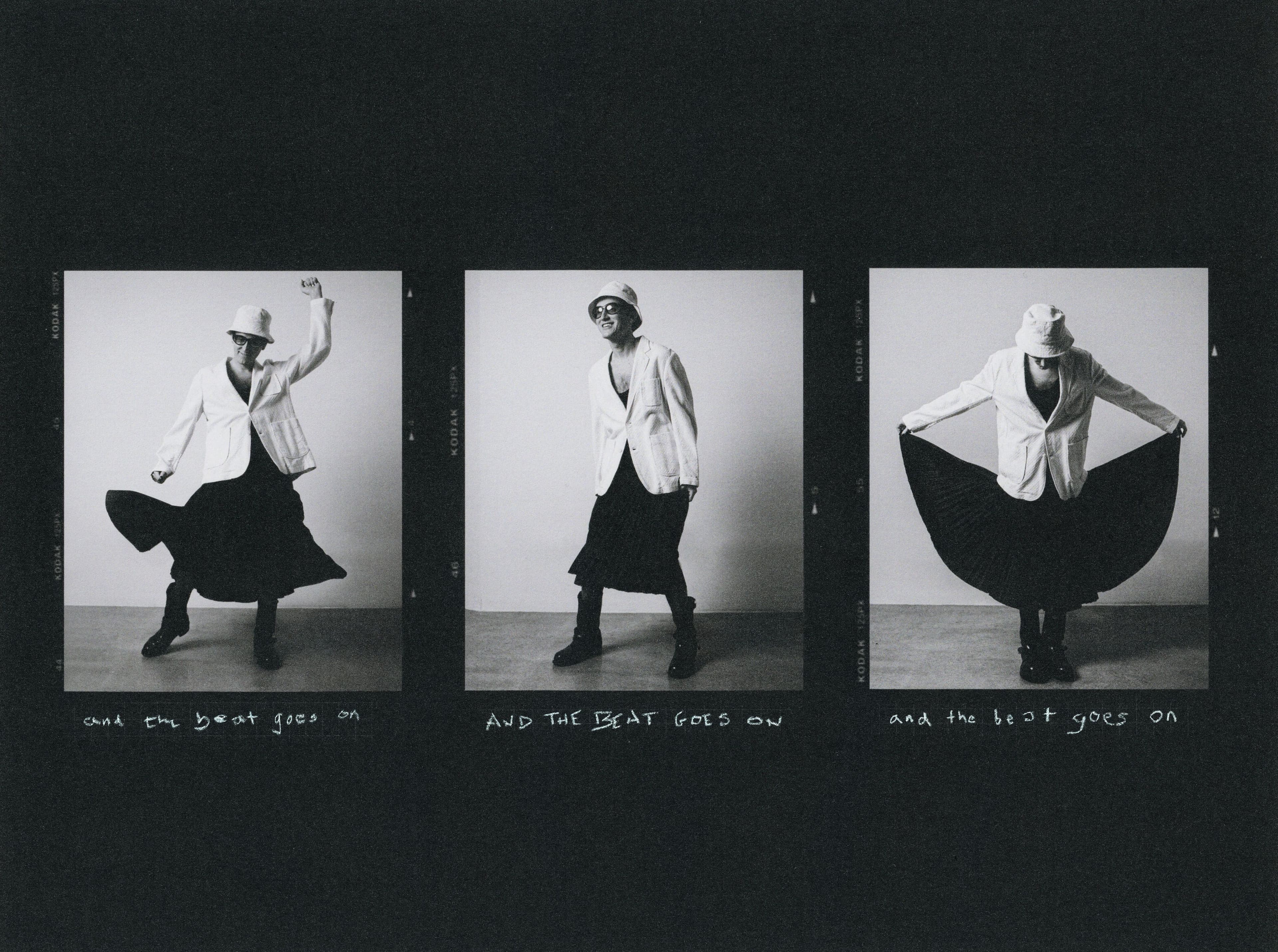 Jacket by KUON. Top by Altu. Skirt and hat from Front General Store. Vintage glasses, stylist’s own.