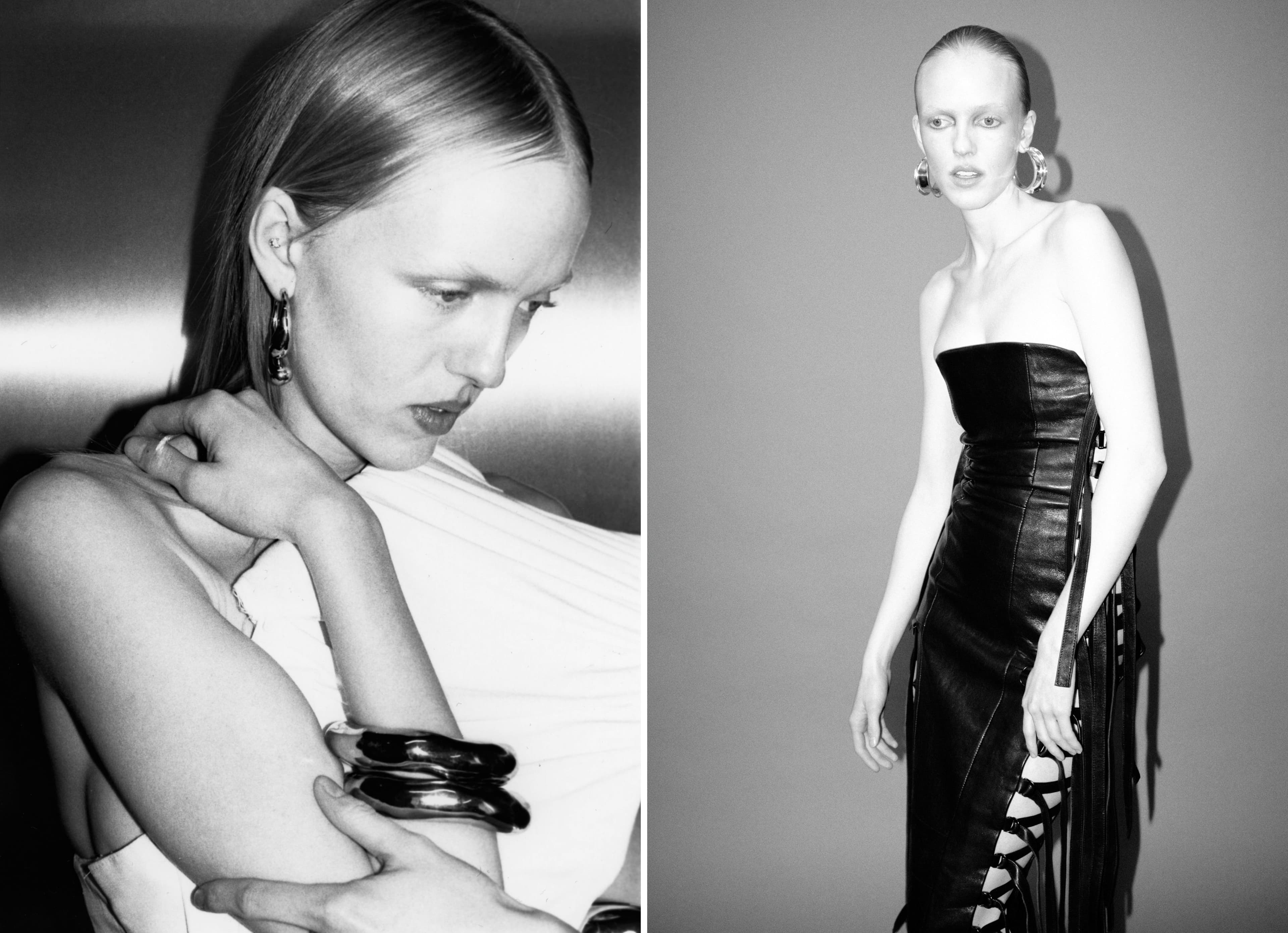 LEFT: All CLOTHING by Sour Lagoon by Alina Zhang; all JEWELRY by Alexis Bittar. RIGHT: DRESS by Eleen Halvorsen; EARRINGS by Ariana Boussard-Reifel.