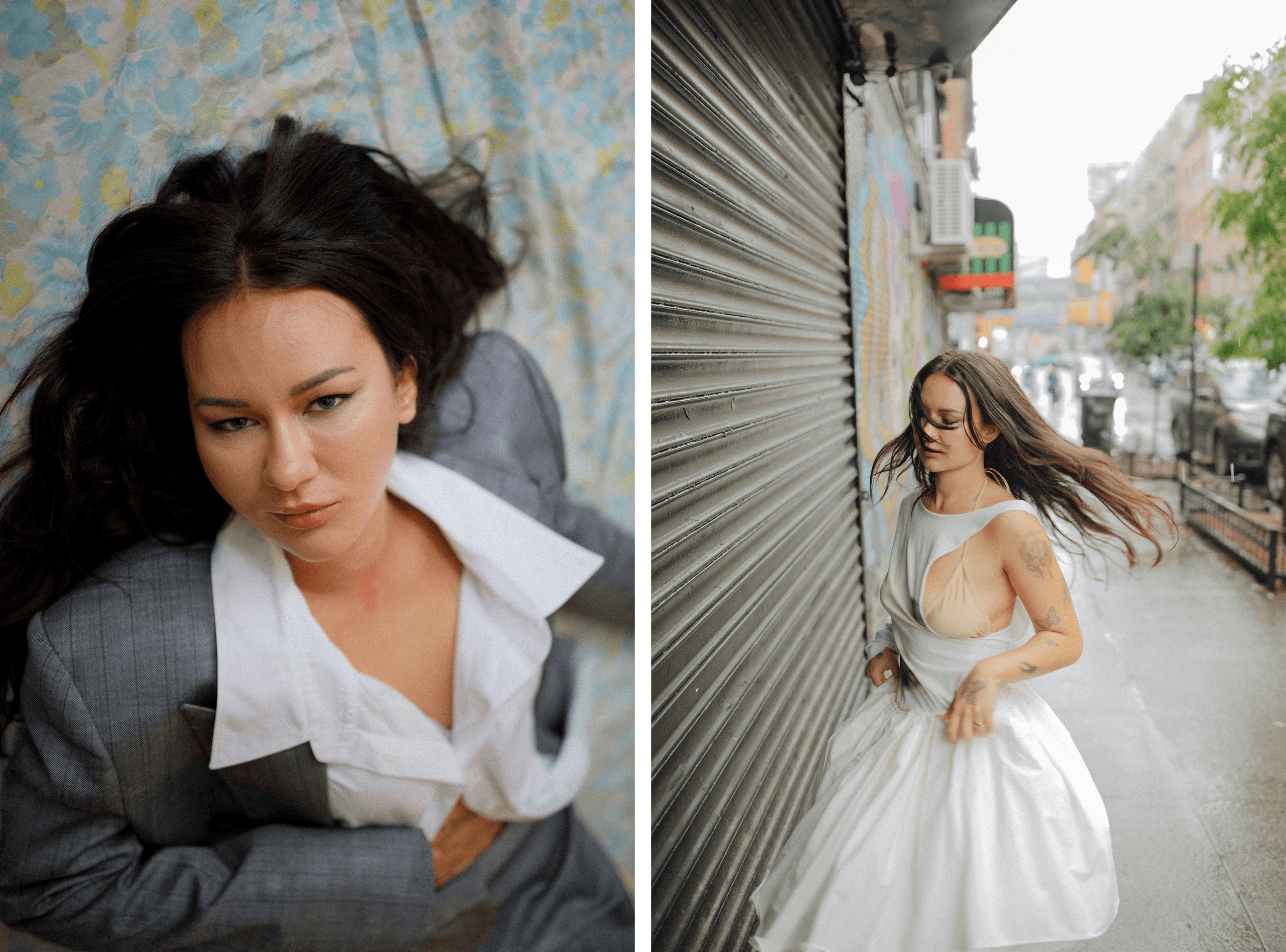 LEFT: All CLOTHING by ,Stella McCartney., RIGHT: DRESS by ,Iseder., BRA, stylist’s own.