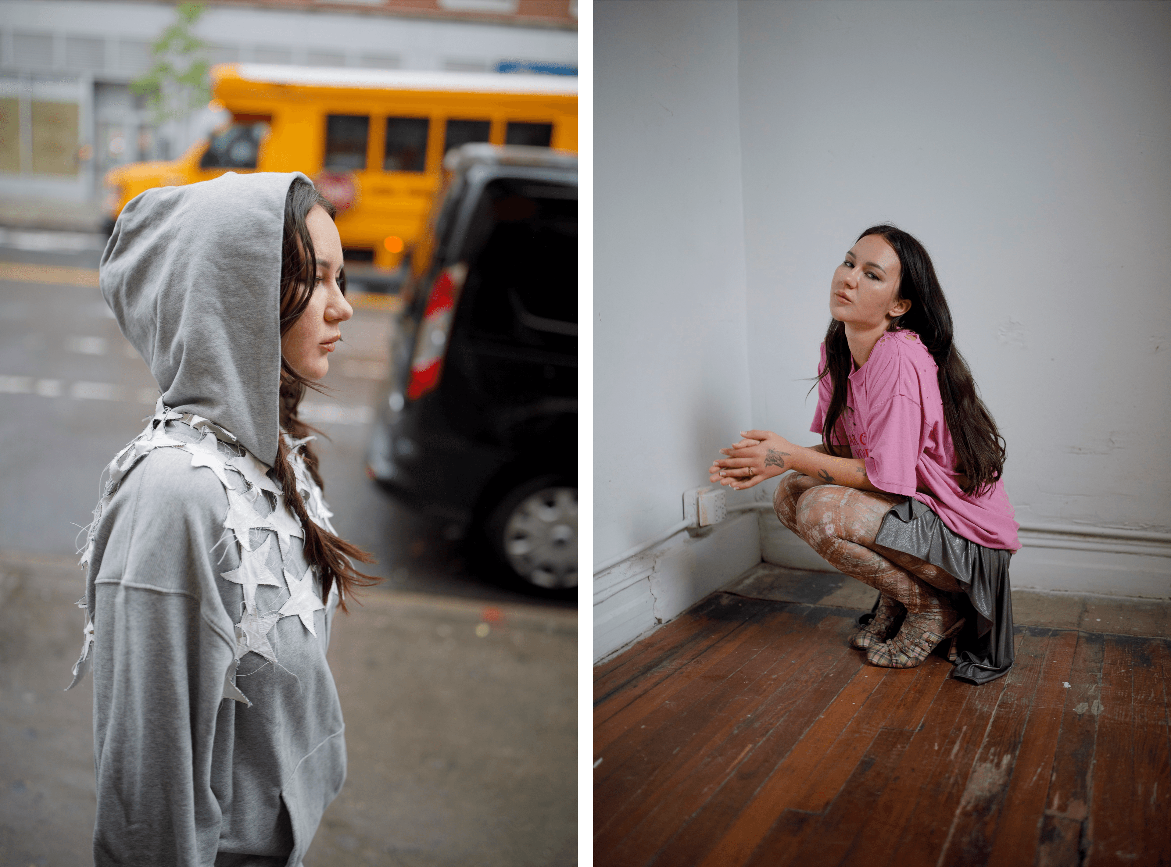 LEFT: VEST by ,Sam Finger., DRESS by ,Iseder., RIGHT: T-SHIRT by ,Emily Dawn Long., SKIRT by ,Collina Strada., TIGHTS and SHOES by ,Taottao.