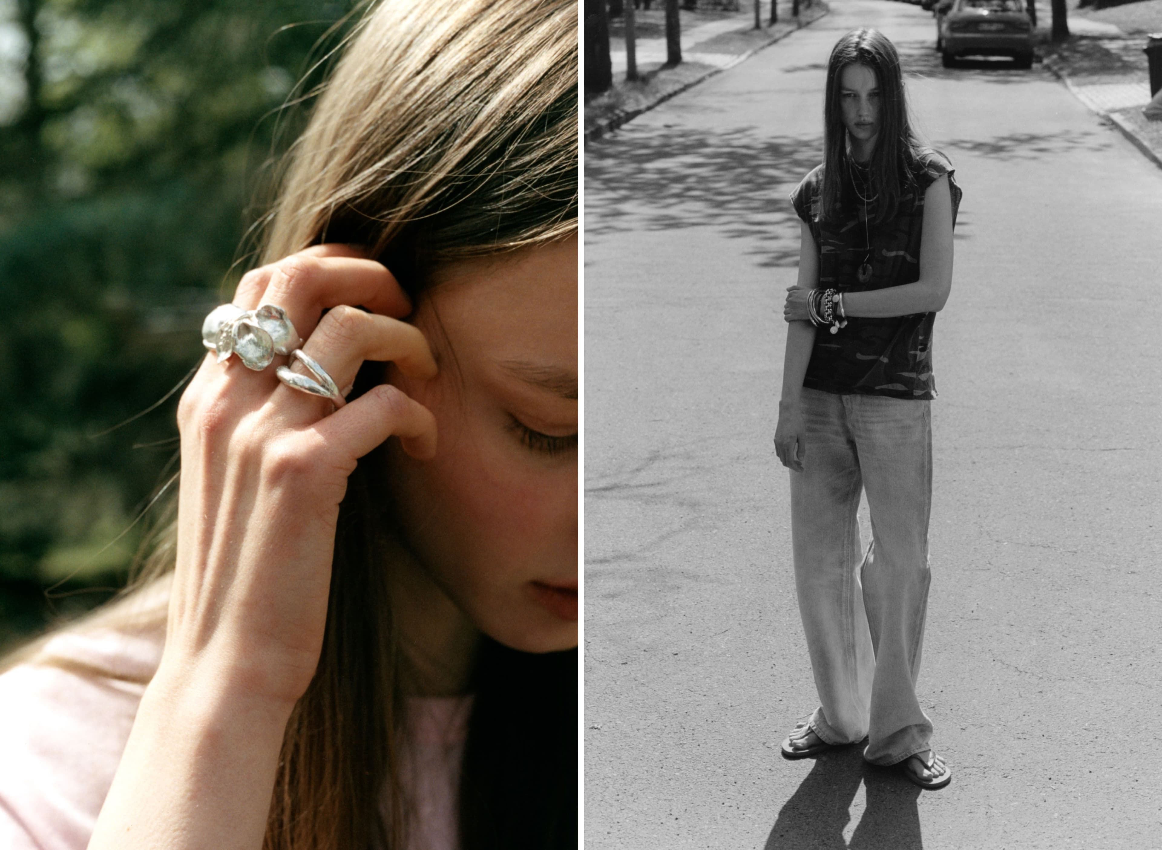 LEFT: SHIRT by Comme Des Garçons; RINGS by Asereje. RIGHT: Vintage TOP; JEANS by Haikure; SANDALS by Havaianas; EAR CUFF by Mussels and Muscles; NECKLACES by Johanna Gauder, Mussels and Muscles, and PRUM; BRACELETS by PRUM and stylist’s own; RINGS by Asereje.