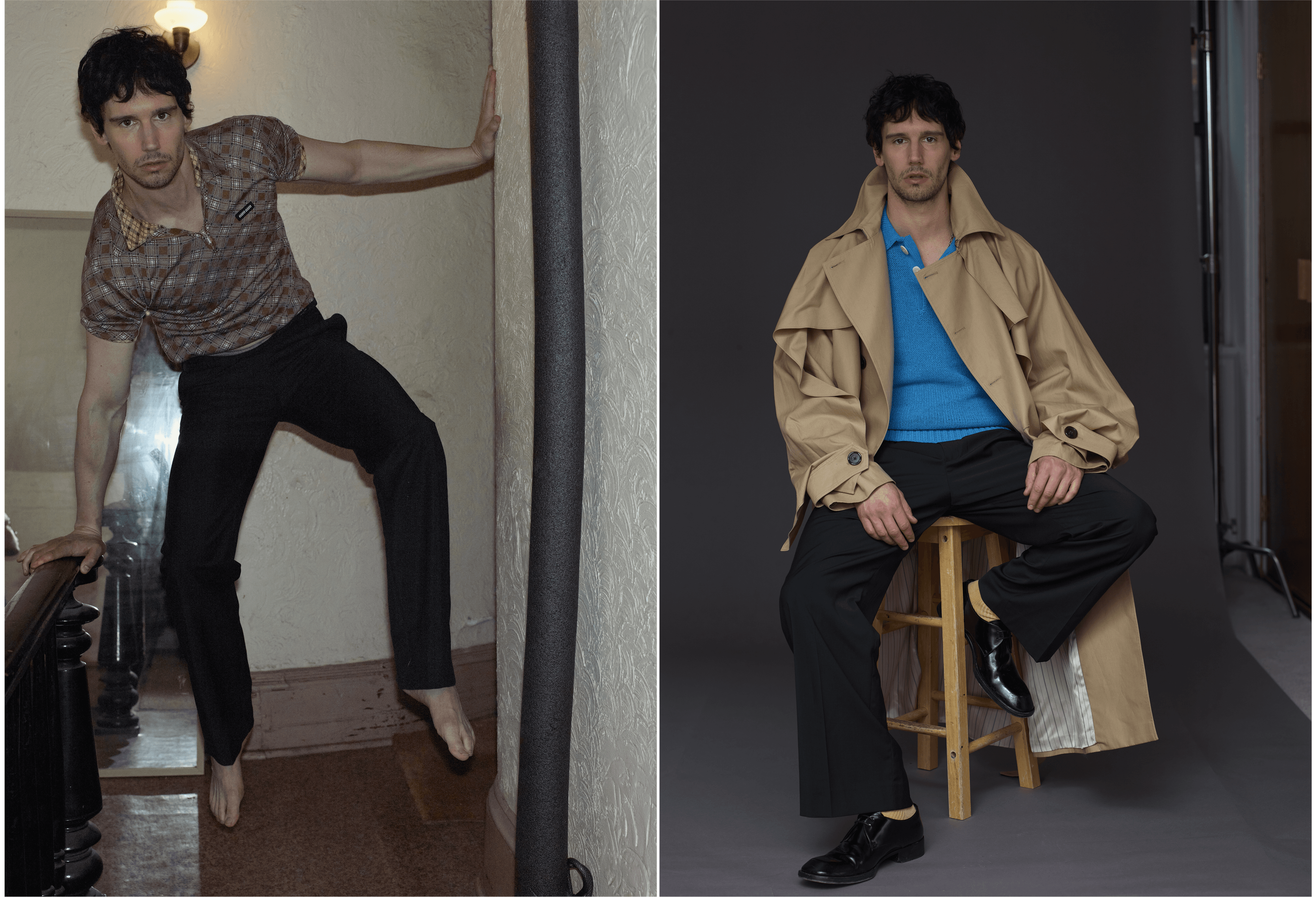 LEFT: All CLOTHING by ,Miu Miu. ,RIGHT: COAT by ,Kyle’Lyk. ,TOP and PANTS by ,Sandro. ,SHOES by ,Saint Laurent. ,NECKLACE and SOCKS, stylist’s own.