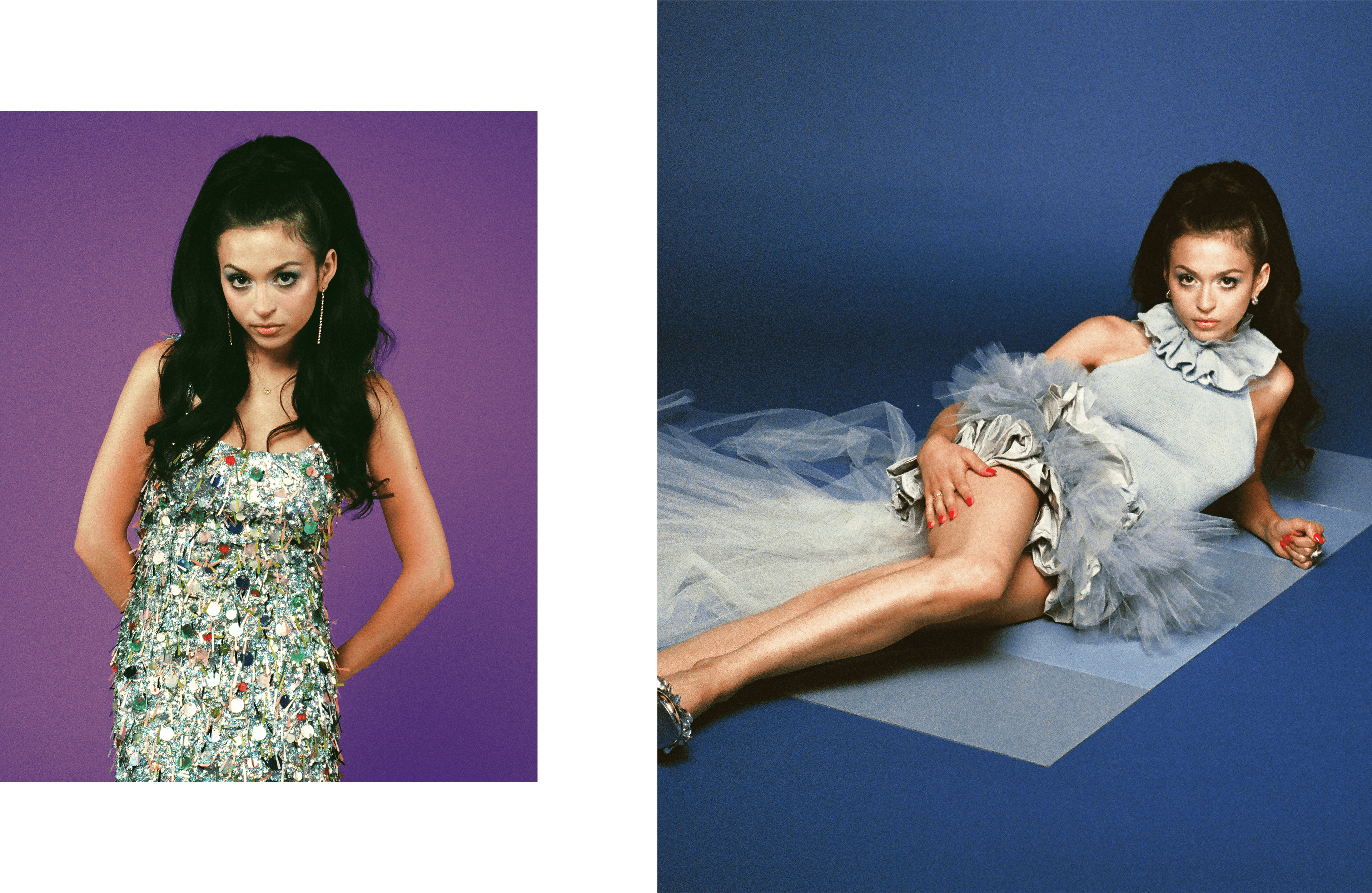 LEFT: DRESS by ,Sandy Liang., EARRINGS by ,Alessandra Camilla Milano., NECKLACE by ,Alison Lou., RIGHT: DRESS by ,Jalyn Young., EARRINGS by ,L.JARDIM., RINGS, from left, by ,Alessandra Camilla Milano, and ,Nickho Rey., SHOES by ,Larroudé.