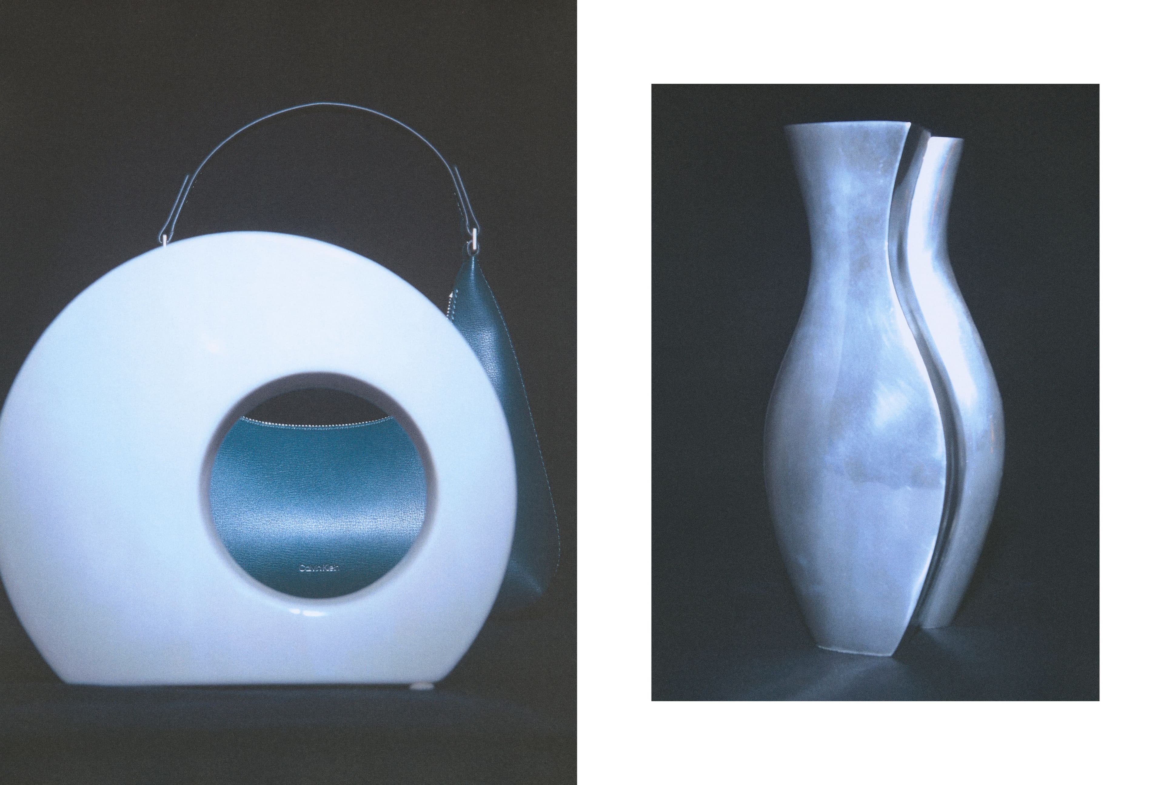 LEFT: BAG by Calvin Klein; VASE from Treaptyque. RIGHT: VASE from Treaptyque.