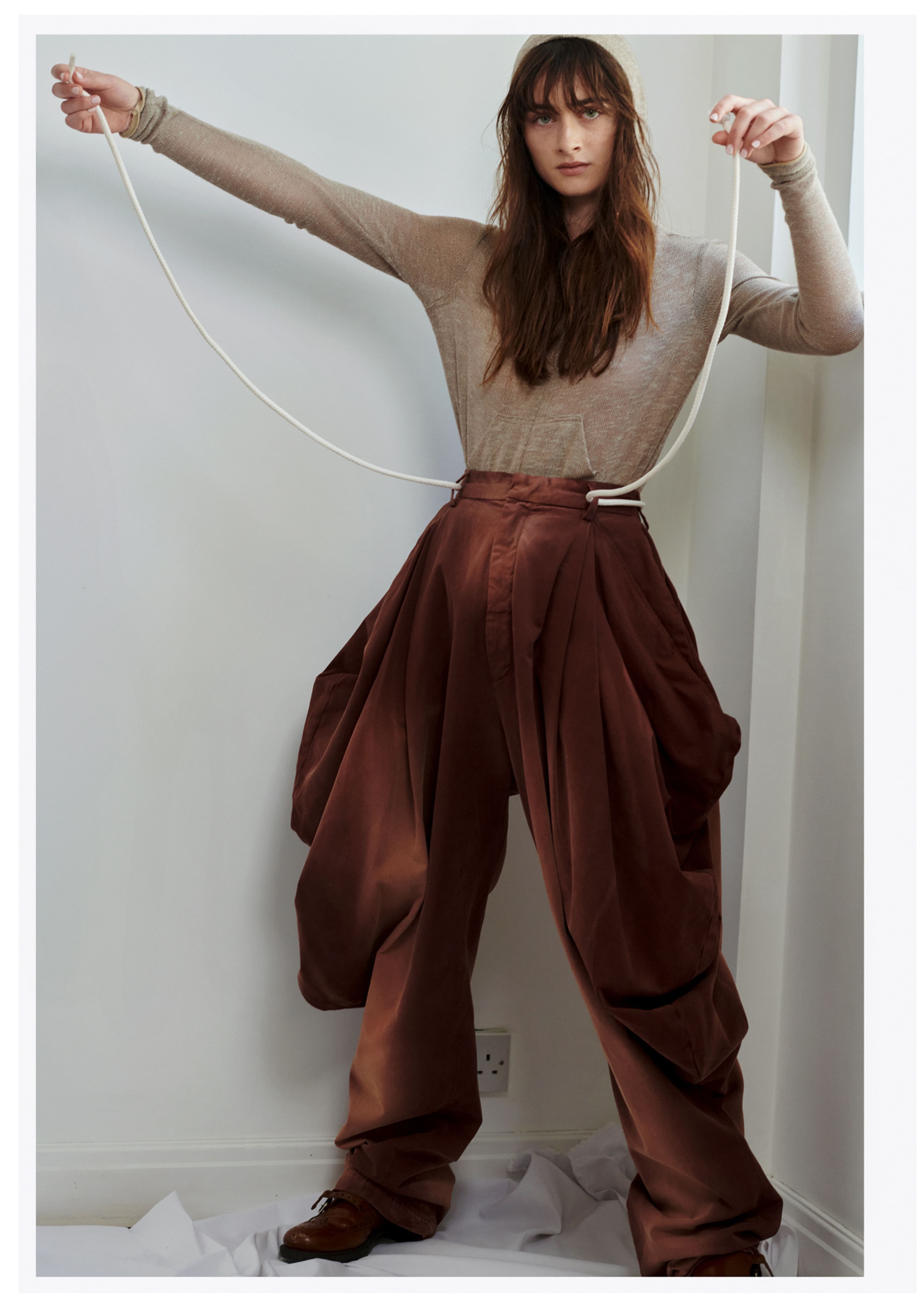 TOP by ,Edwin Mohney., PANTS by ,Loewe., BELT, stylist’s own. SHOES by ,Miu Miu.