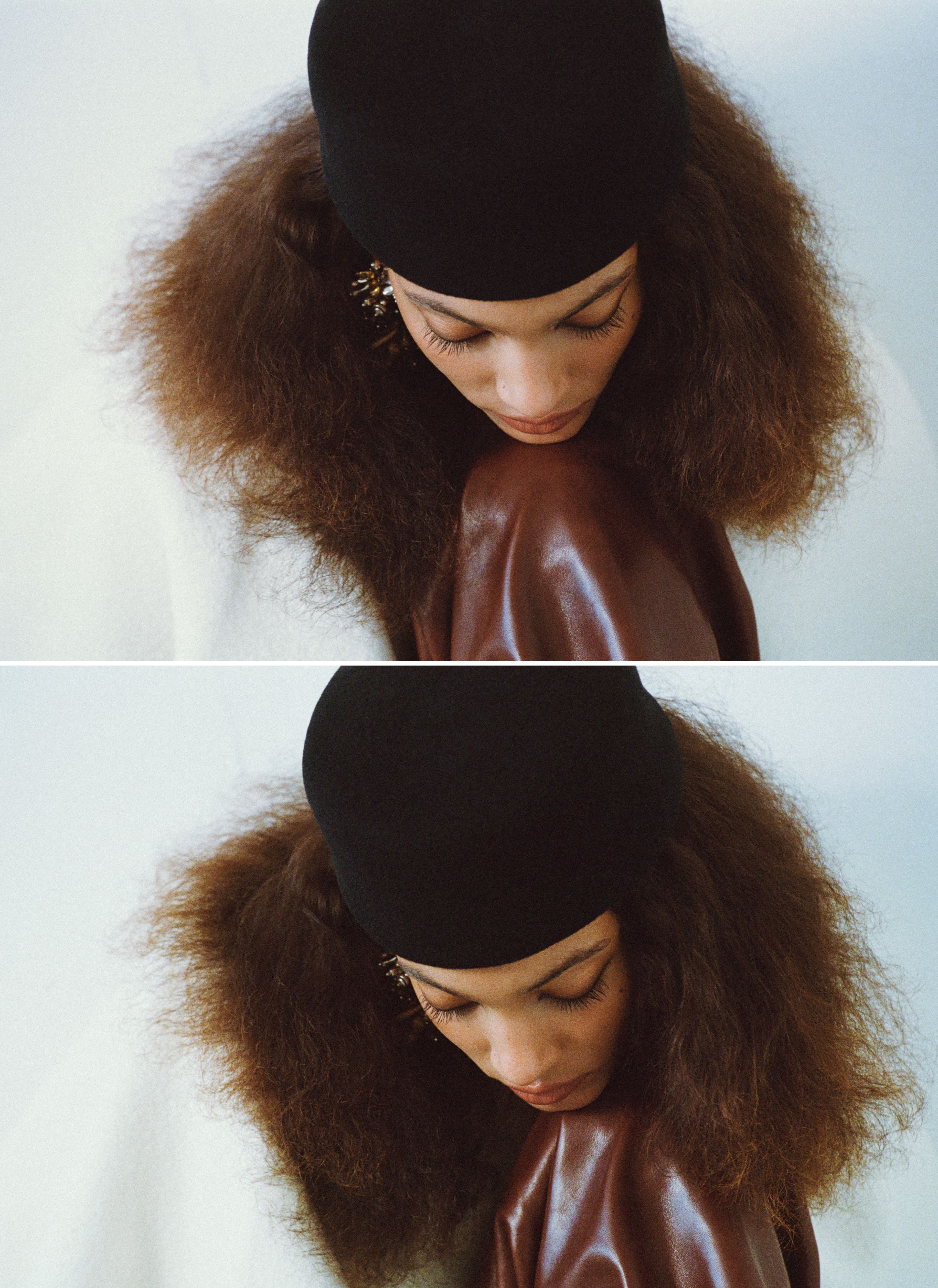 TOP by Toteme; PANTS by Nour Hammour; HAT by Gigi Burris; EARRINGS by Dries Van Noten