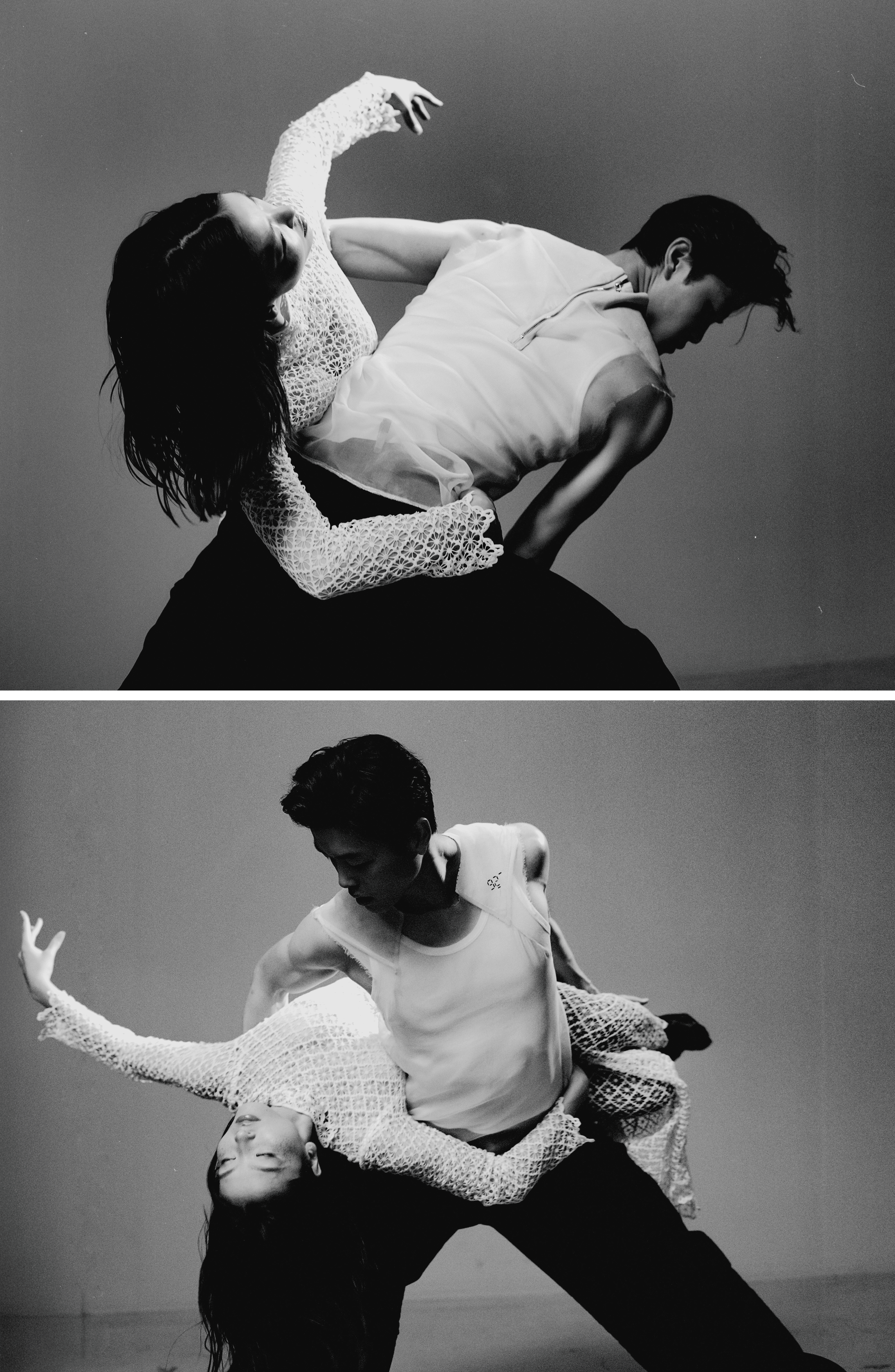 Maia wears DRESS and TIGHTS by Isabel Marant. BRA by Araks. Alex wears TOP by Malcolm D. Costa. PANTS by Coach.