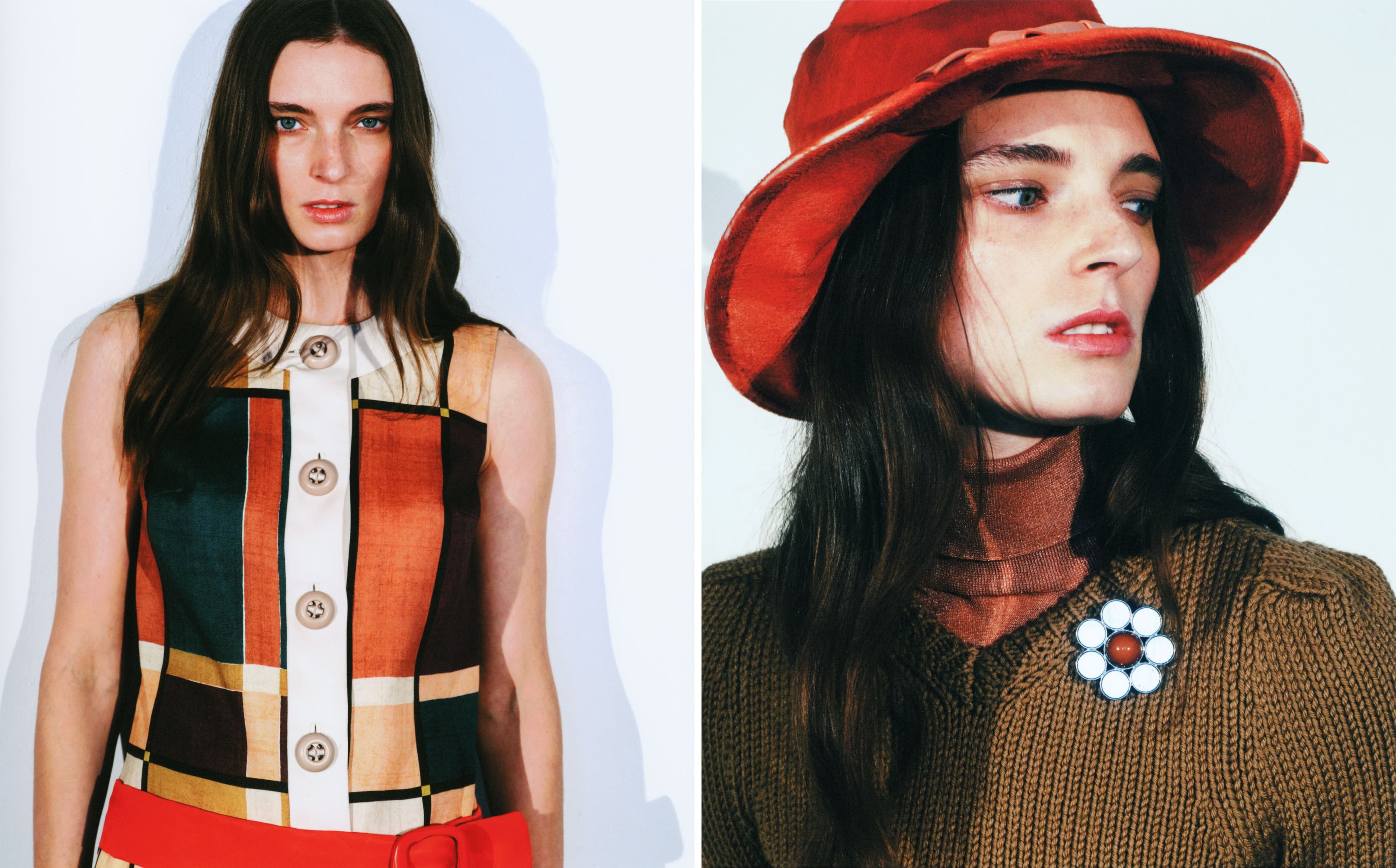 LEFT: Vintage DRESS by Prada by Miuccia Prada, Fall 2011, look 18. RIGHT: All vintage CLOTHING and PIN by Louis Vuitton by Marc Jacobs, Fall 2012, look 21; vintage HAT by Christian Dior by John Galliano from Albright Fashion Library.
