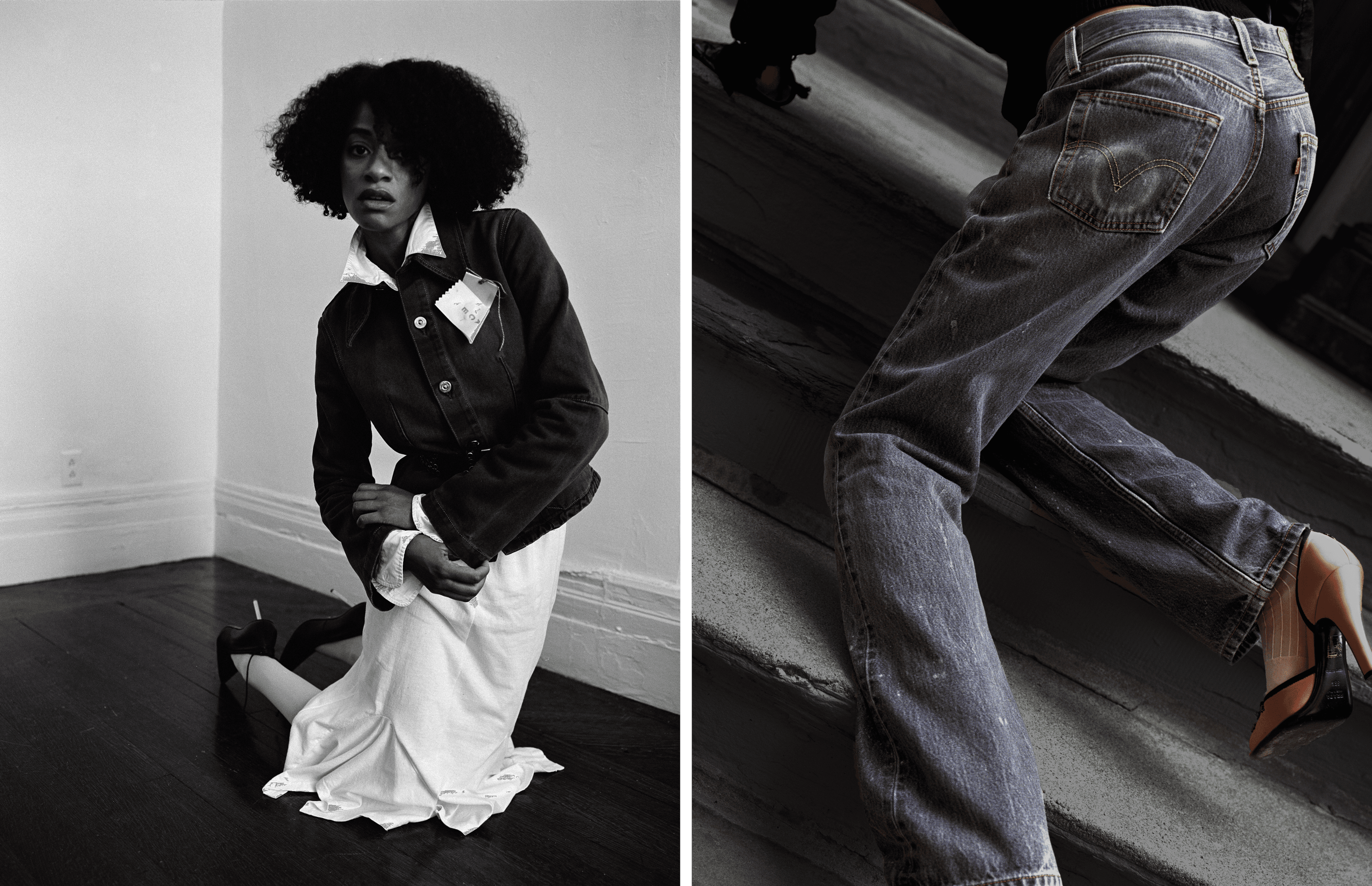 LEFT: JACKET by Our Legacy; SHIRT, TIGHTS, and BROOCH, stylist’s own; SKIRT by Chapman Newnum; vintage BELT; SHOES by Acne Studios. RIGHT: All vintage CLOTHING and ACCESSORIES.