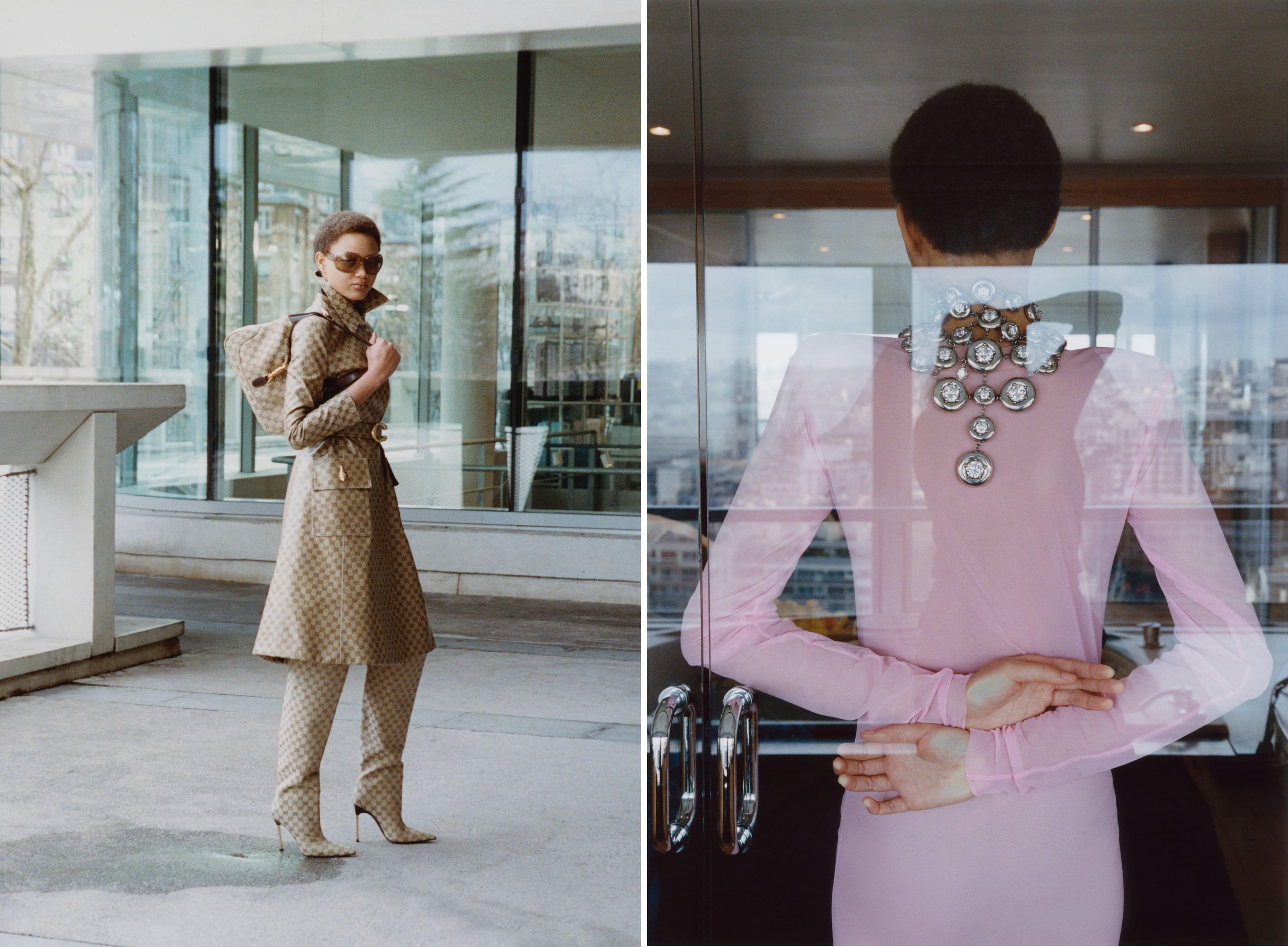 LEFT: All CLOTHING and ACCESSORIES by Gucci. RIGHT: DRESS by Romain Kremer; NECKLACE by Panconesi.