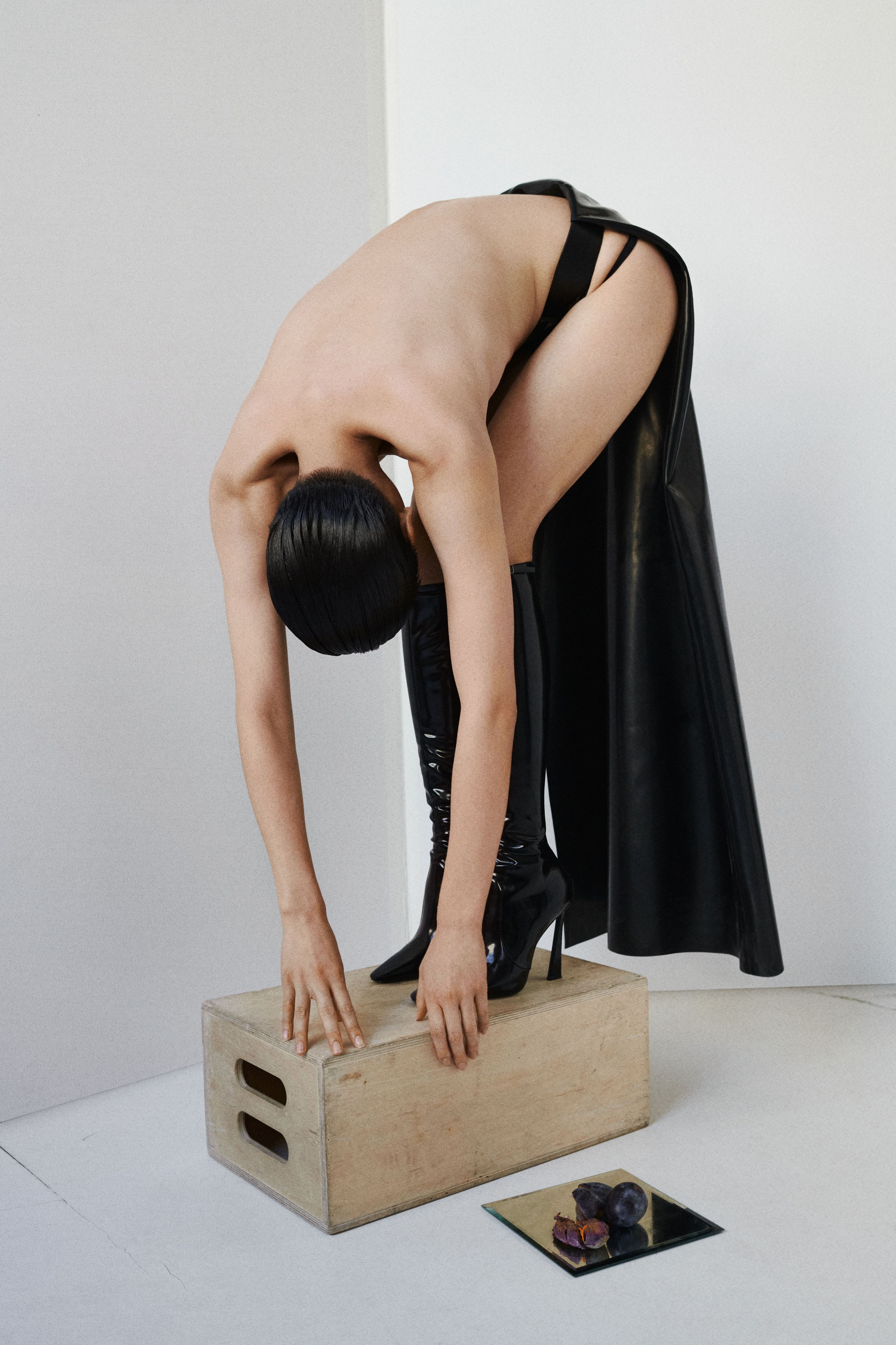 Skirt by Kwaidan Editions. Underwear by Agent Provocateur. Vintage belt by Jean Paul Gaultier. Boots by Saint Laurent.