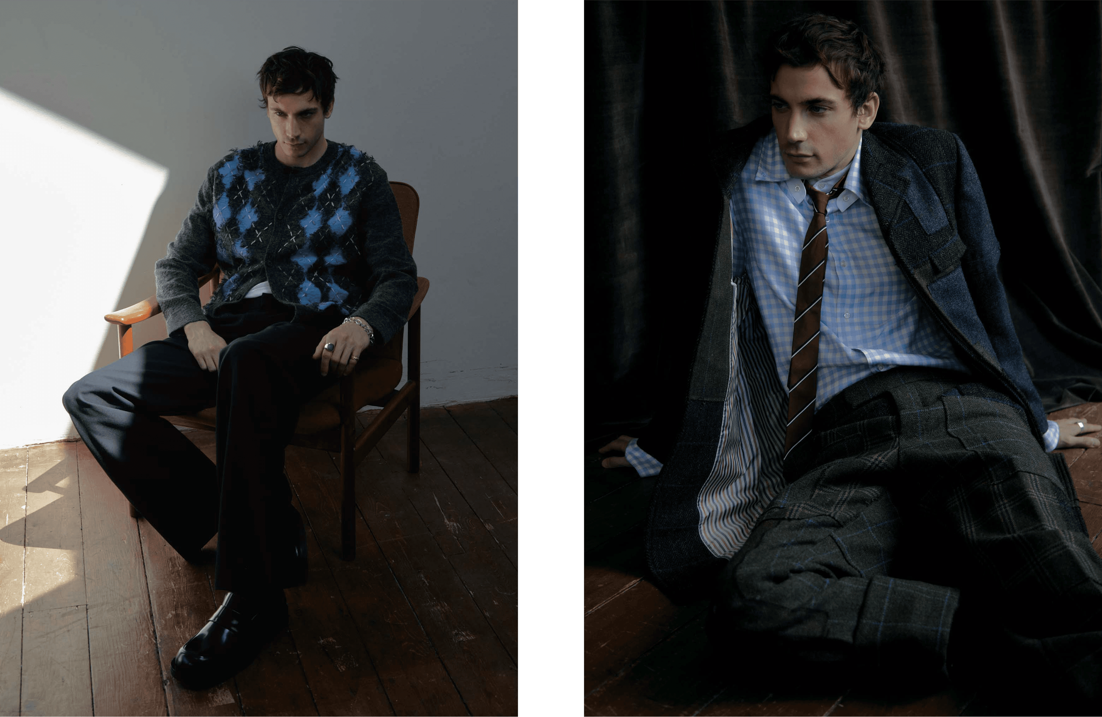 LEFT: All CLOTHING by ,Solid Homme,. SHOES by ,Jimmy Choo,. RIGHT: All CLOTHING and TIE by ,Thom Browne.