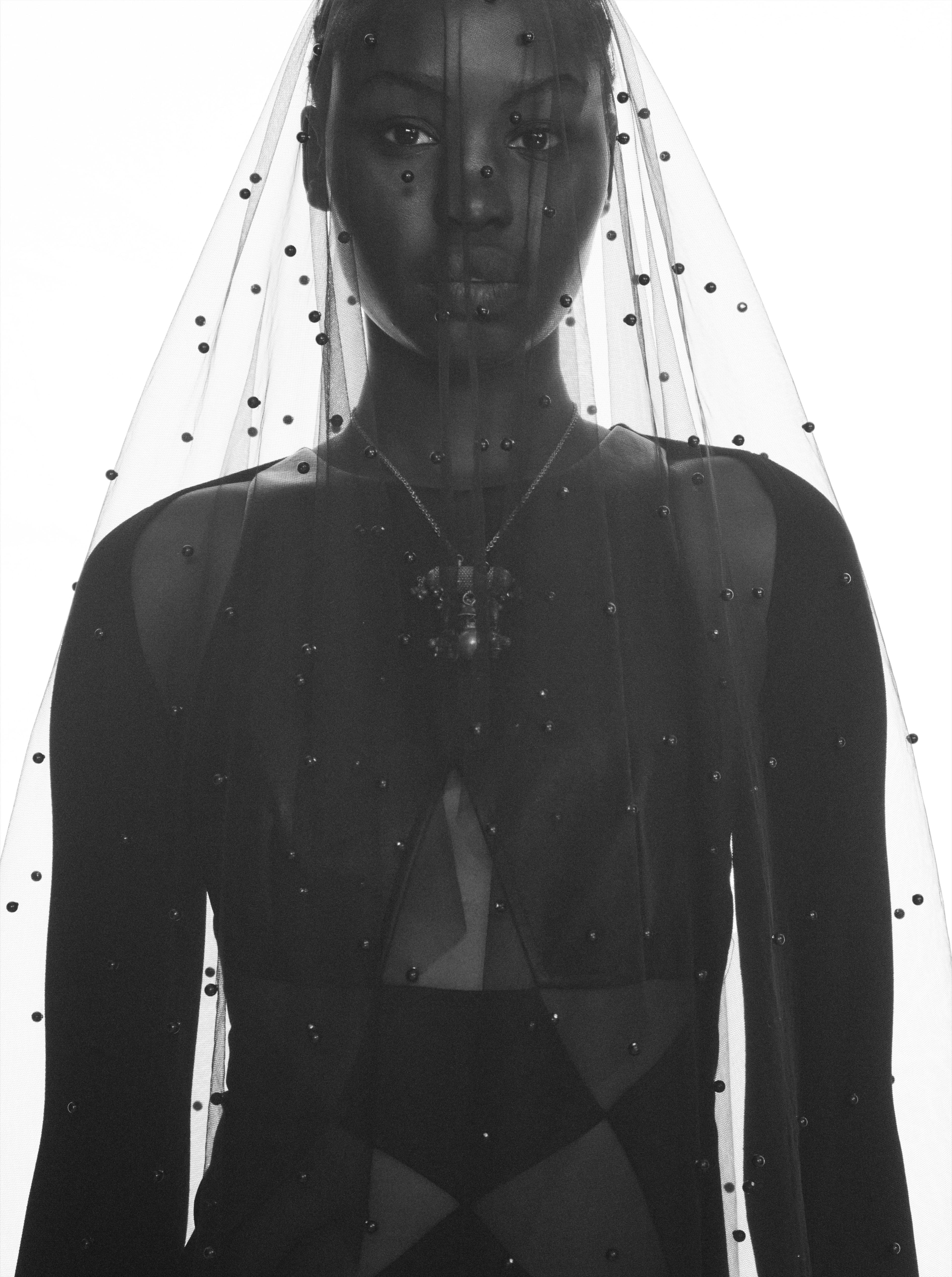 DRESS by ,Dion Lee., VEIL, stylist’s own. Vintage NECKLACE from David Aliperti Archive.