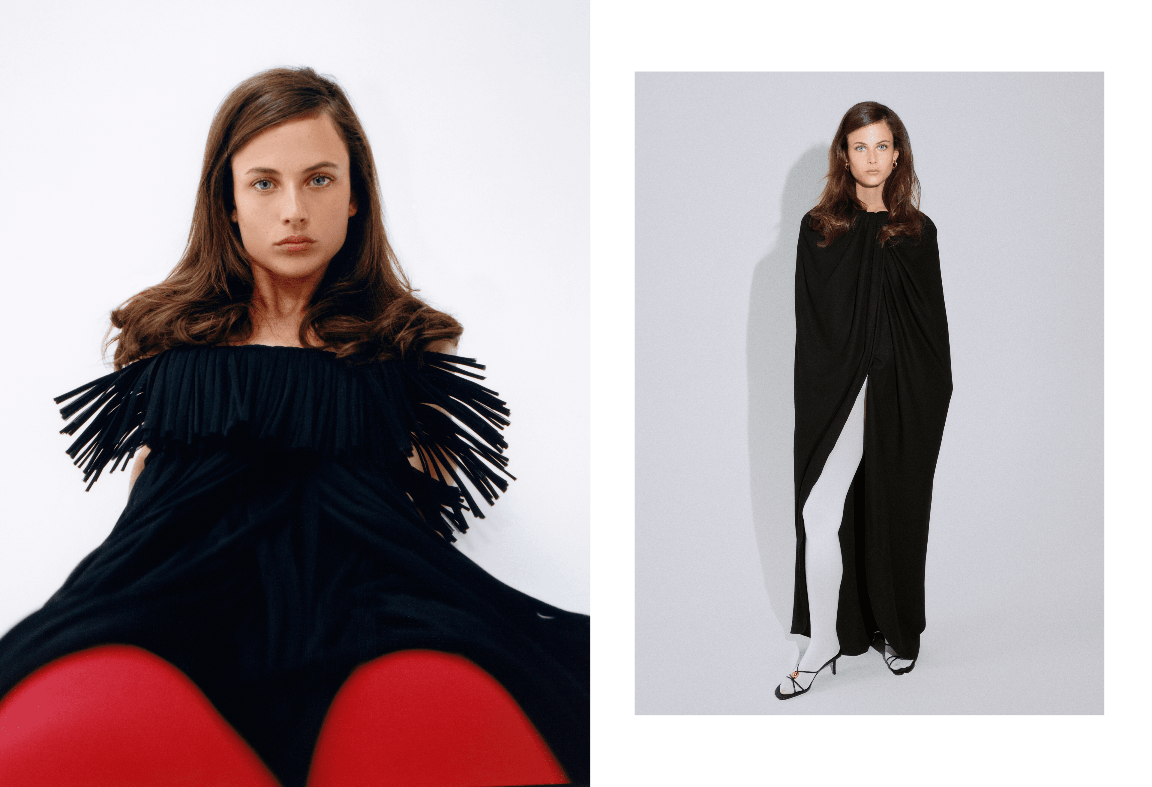 LEFT: All CLOTHING by ,Marina, ,Moscone,. TIGHTS by ,Falke,. RIGHT: CAPE by ,Marina Moscone,. TIGHTS by ,Falke,., ,SHOES by Ferragamo. EARRINGS by ,Tabayer,.