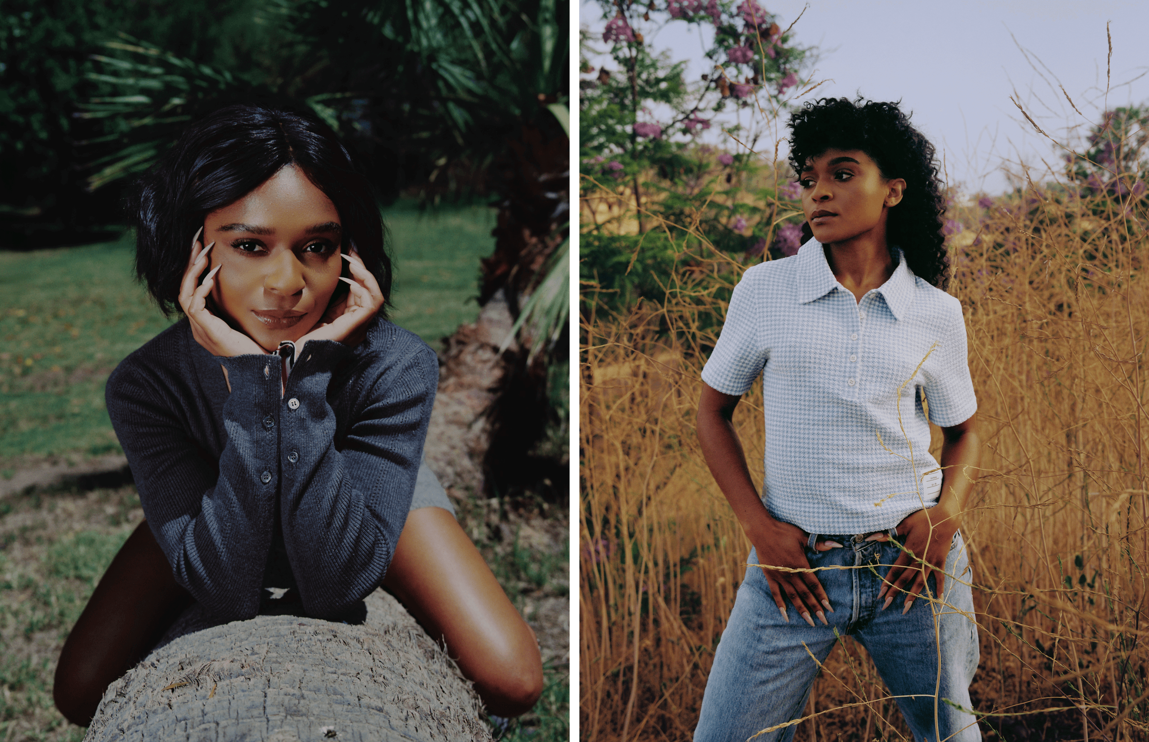 LEFT: SWEATER by ,Thom Browne., SHORTS by ,The Elder Statesman., RIGHT: TOP by ,Tory Burch., PANTS by ,Levi’s.