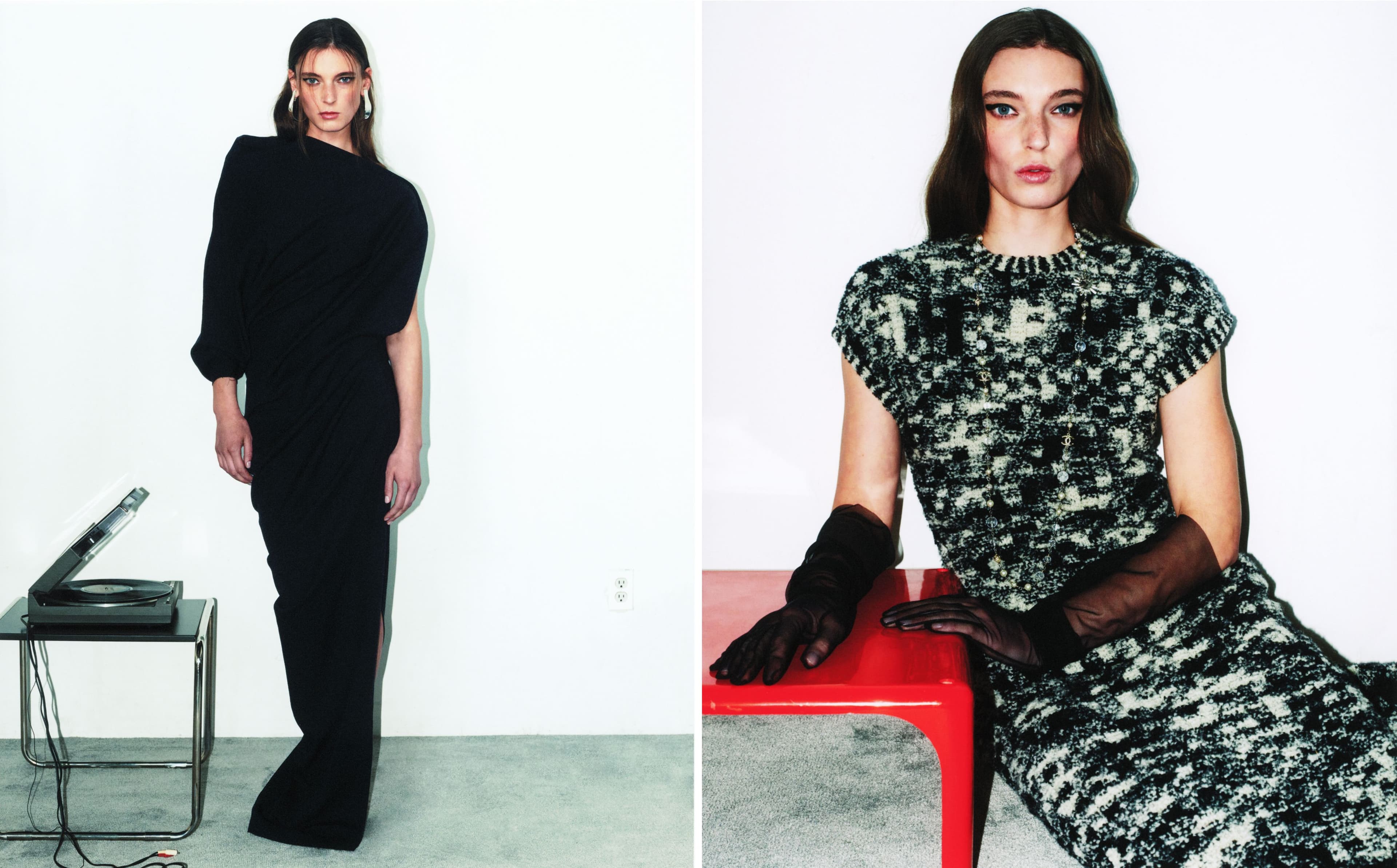 LEFT: Vintage DRESS by Lanvin by Alber Elbaz, Fall 2010, look 21; EARRINGS by Patricia Von Musulin; SHOES by Giuseppe Zanotti. RIGHT: Vintage DRESS by Chanel by Karl Lagerfeld, Fall 2011, look 45; GLOVES by Shaneen Huxham; NECKLACE by Chanel.