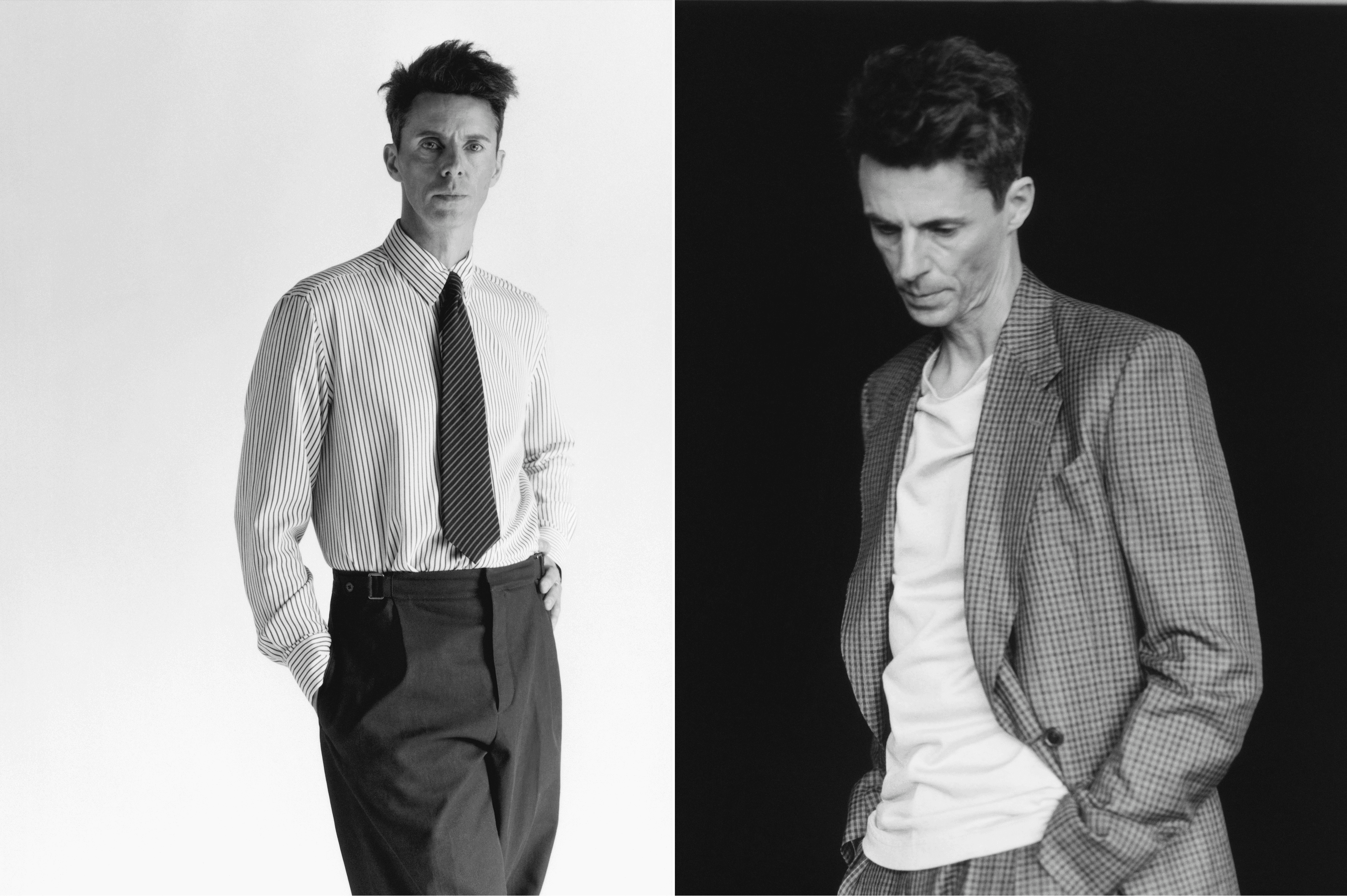 LEFT: SHIRT and TIE by ,Paul Smith., PANTS by ,Hermès. ,RIGHT: JACKET and PANTS by ,Paul Smith., T-SHIRT by ,Derrick.