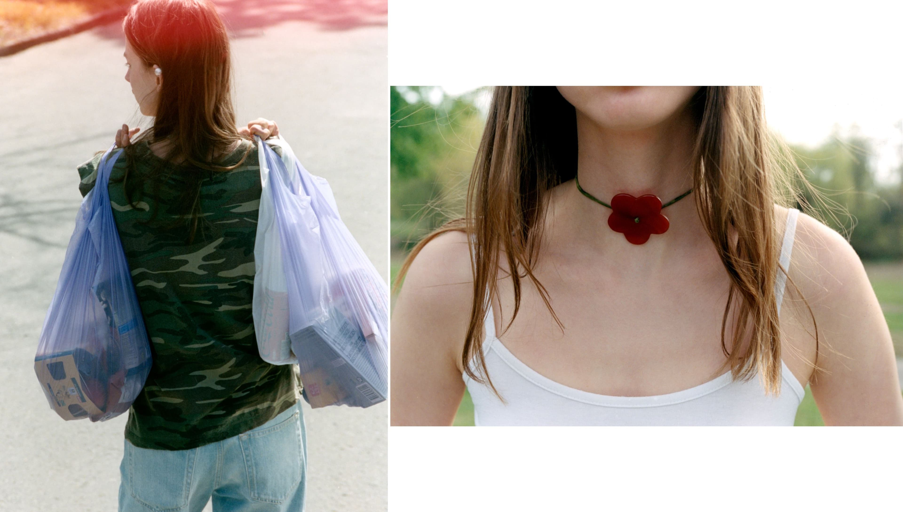 LEFT: Vintage TOP; JEANS by Haikure; RINGS by Asereje. RIGHT: Vintage TOP, stylist’s own; NECKLACE by Mussels and Muscles.