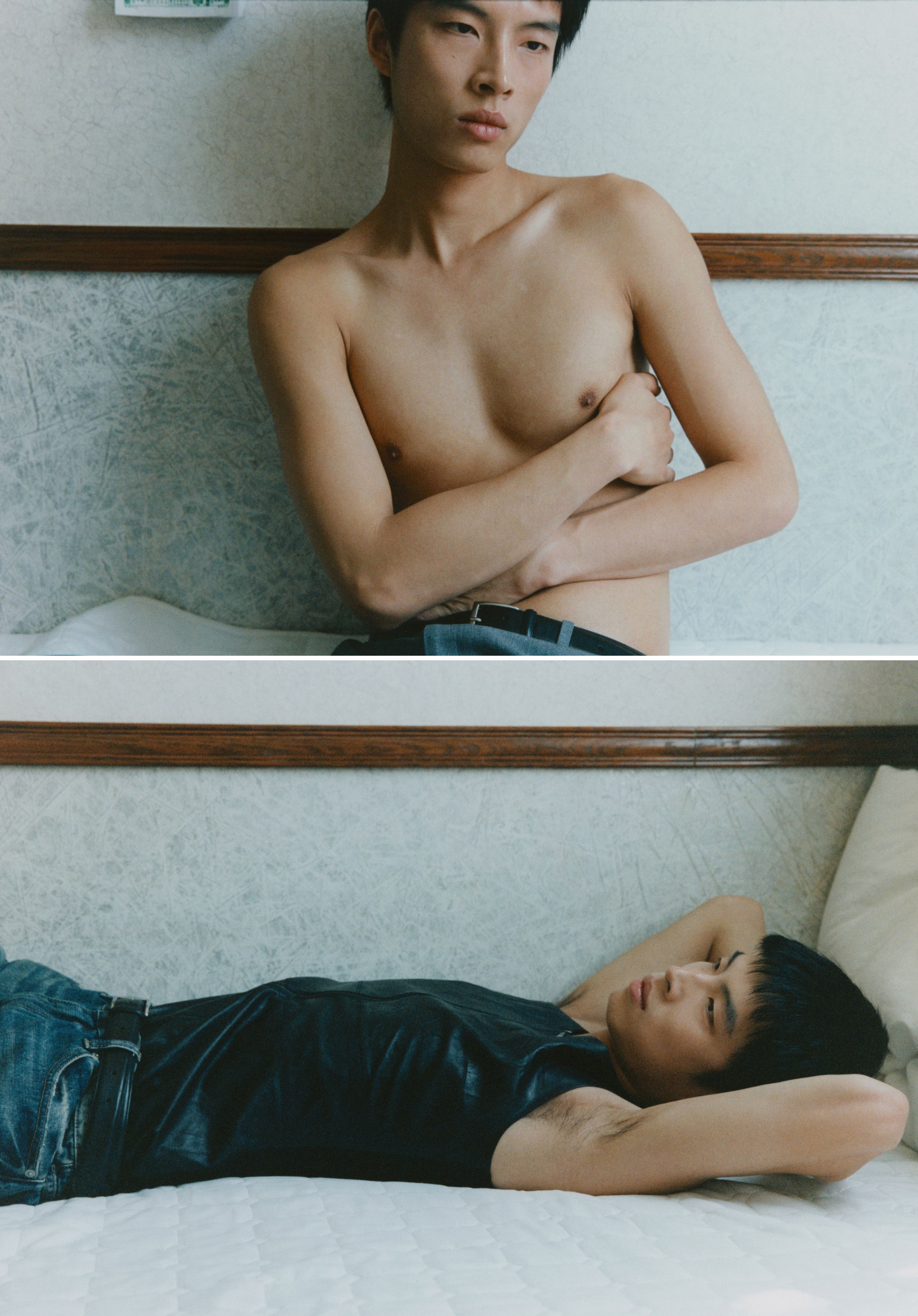 TOP: Vintage PANTS by Prada. BOTTOM: Vintage TOP by Maison Martin Margiela; vintage JEANS by Helmut Lang.