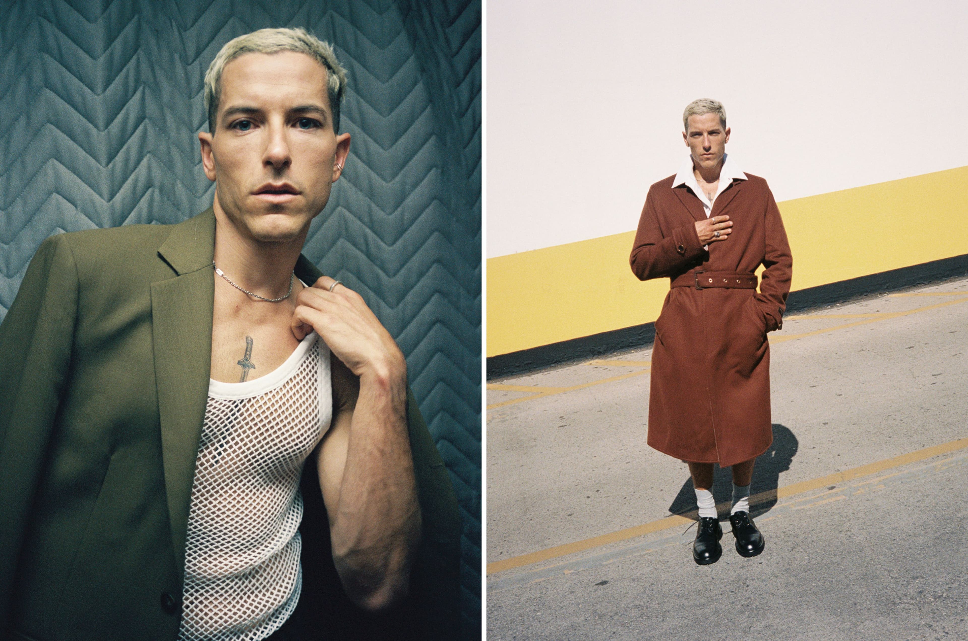 LEFT: JACKET by Tod’s; TOP by Simkhai. RIGHT: All CLOTHING by Louis Vuitton; SOCKS, stylist’s own; SHOES by Hermès.