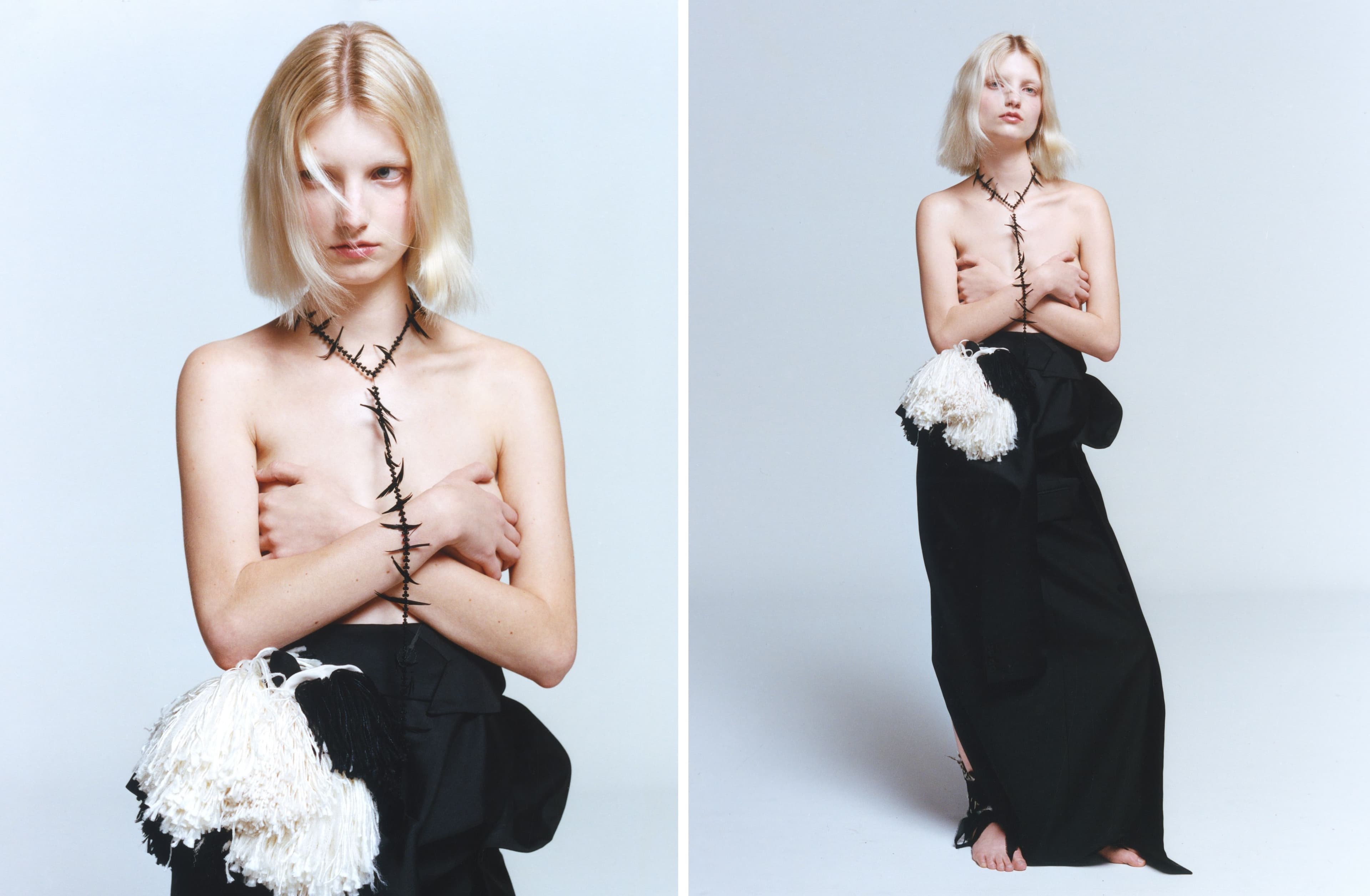 All CLOTHING and BROOCH by Heirlome; NECKLACE by Heather Huey