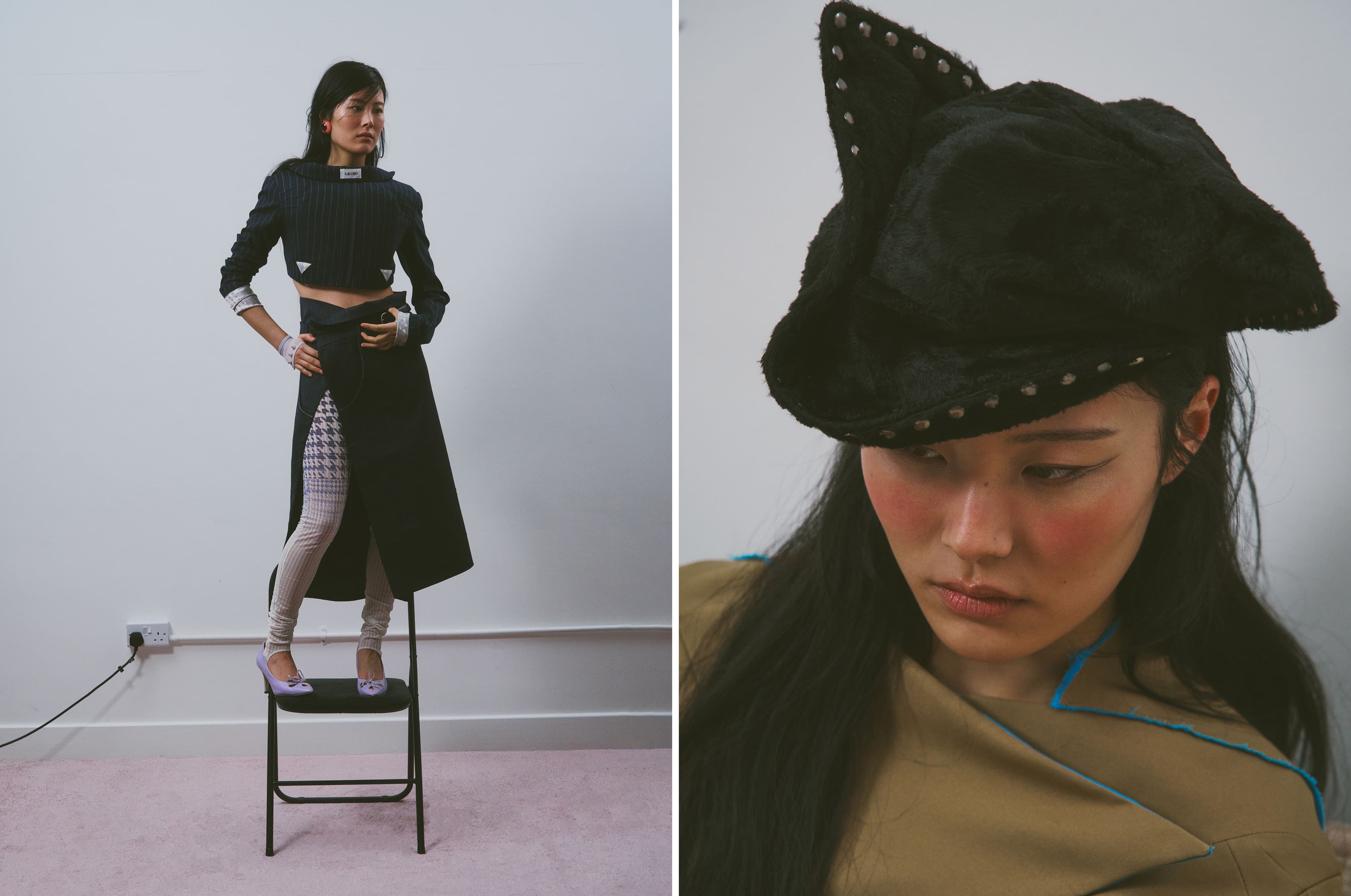 LEFT: All CLOTHING by Siena Cho; GLOVES by Sól Hansdóttir; SHOES, stylist’s own; EARRINGS by 4Elements. RIGHT: JACKET by Sól Hansdóttir; HAT by Benny Andallo.