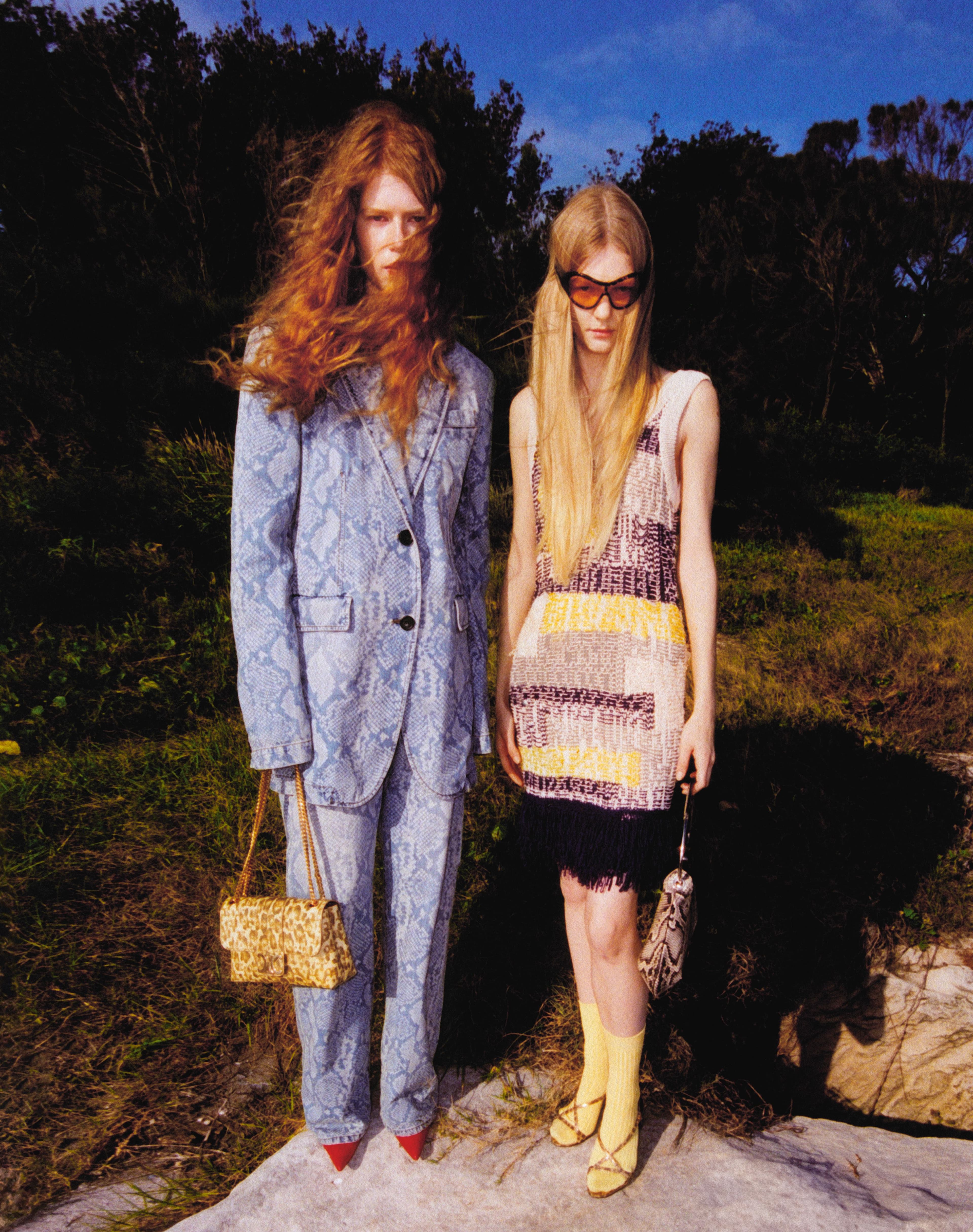 From left, SUIT and SHOES by ,Sportmax,. BAG by ,Celine. ,All JEWELRY by ,Paco Rabanne. ,DRESS and BAG by ,Sportmax. ,GLASSES by ,Christopher Esber. ,SHOES by ,Celine. ,SOCKS, stylist’s own.