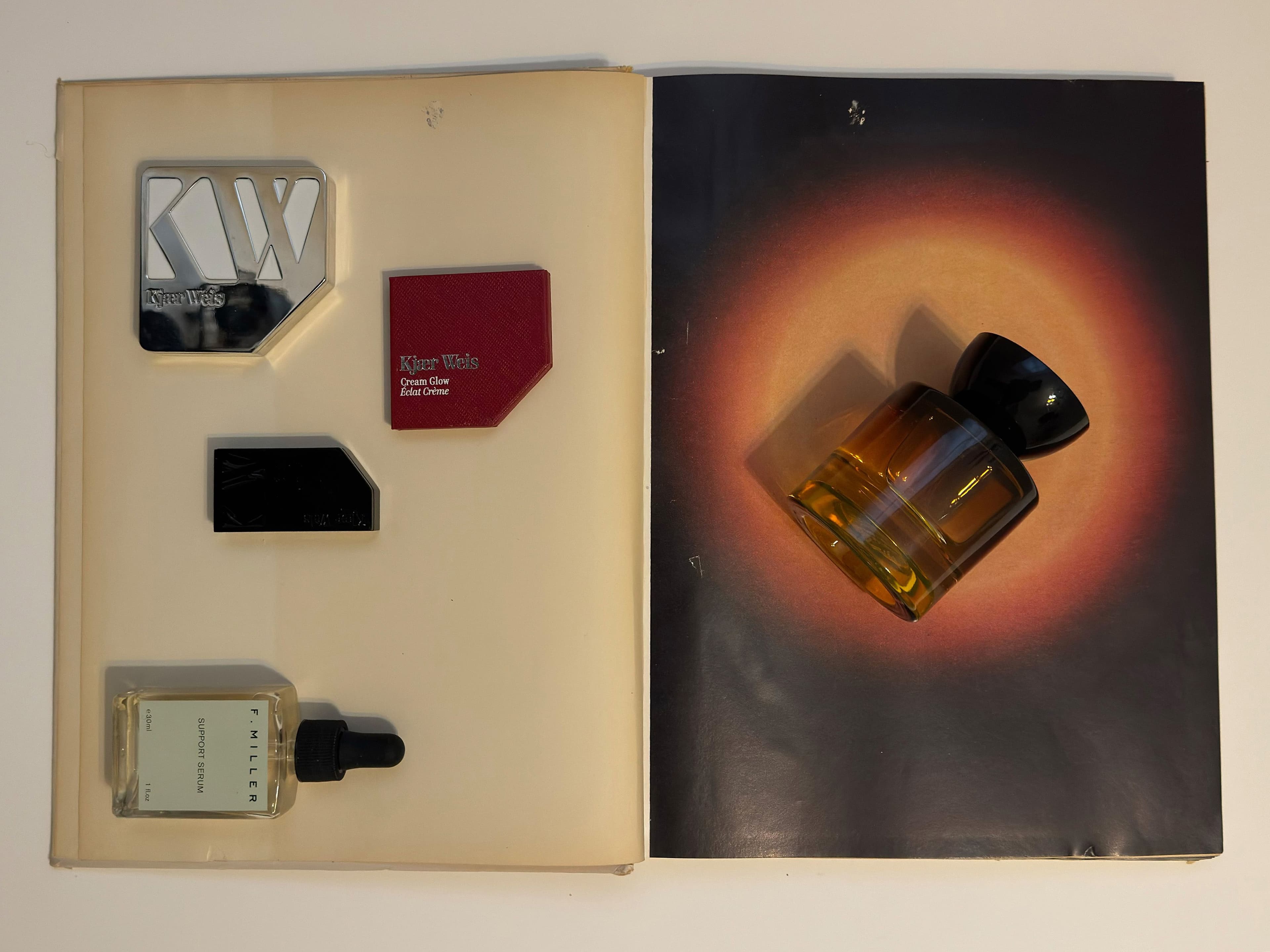 FROM LEFT: FACE CREAM, CREAM GLOW, and LIP BALM by ,Kjaer Weis. ,SUPPORT SERUM by ,F. Miller. ,PERFUME by ,Vyrao.
